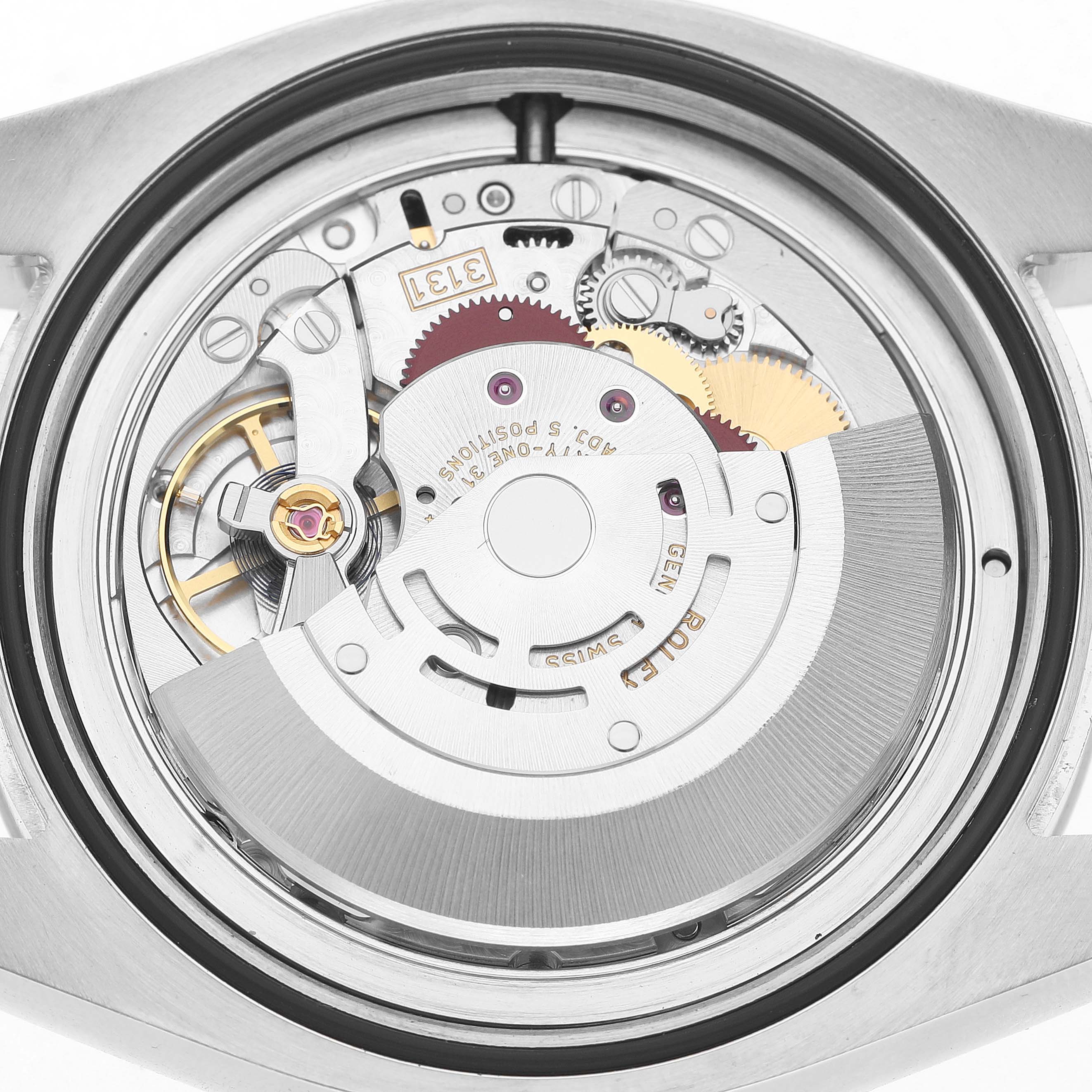 The image shows the back view of the Rolex Milgauss M116400GV-0001 Men's Stainless Steel Black Dial, focusing on the intricate movement and rotor components.