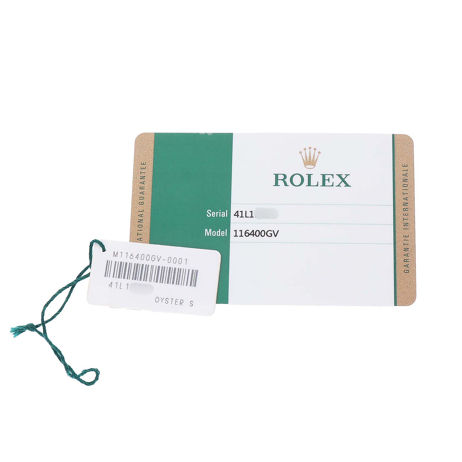 The image shows a warranty card for a Rolex Milgauss M116400GV-0001 Men's Stainless Steel Black Dial model 116400GV, including a serial number and tag.