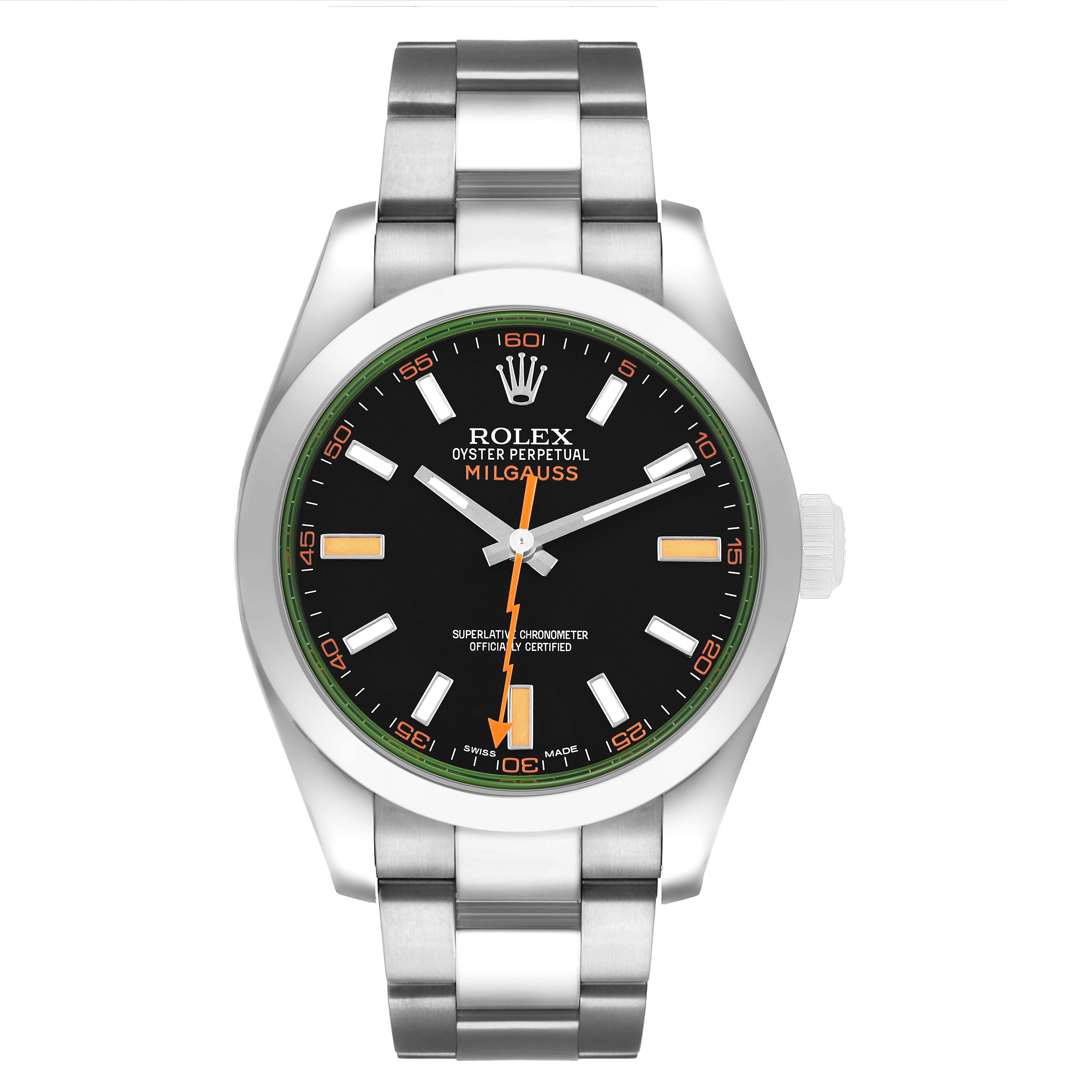 The Rolex Milgauss M116400GV-0001 Men's Stainless Steel Black Dial watch is shown from the front, displaying the face, bezel, and part of the bracelet.