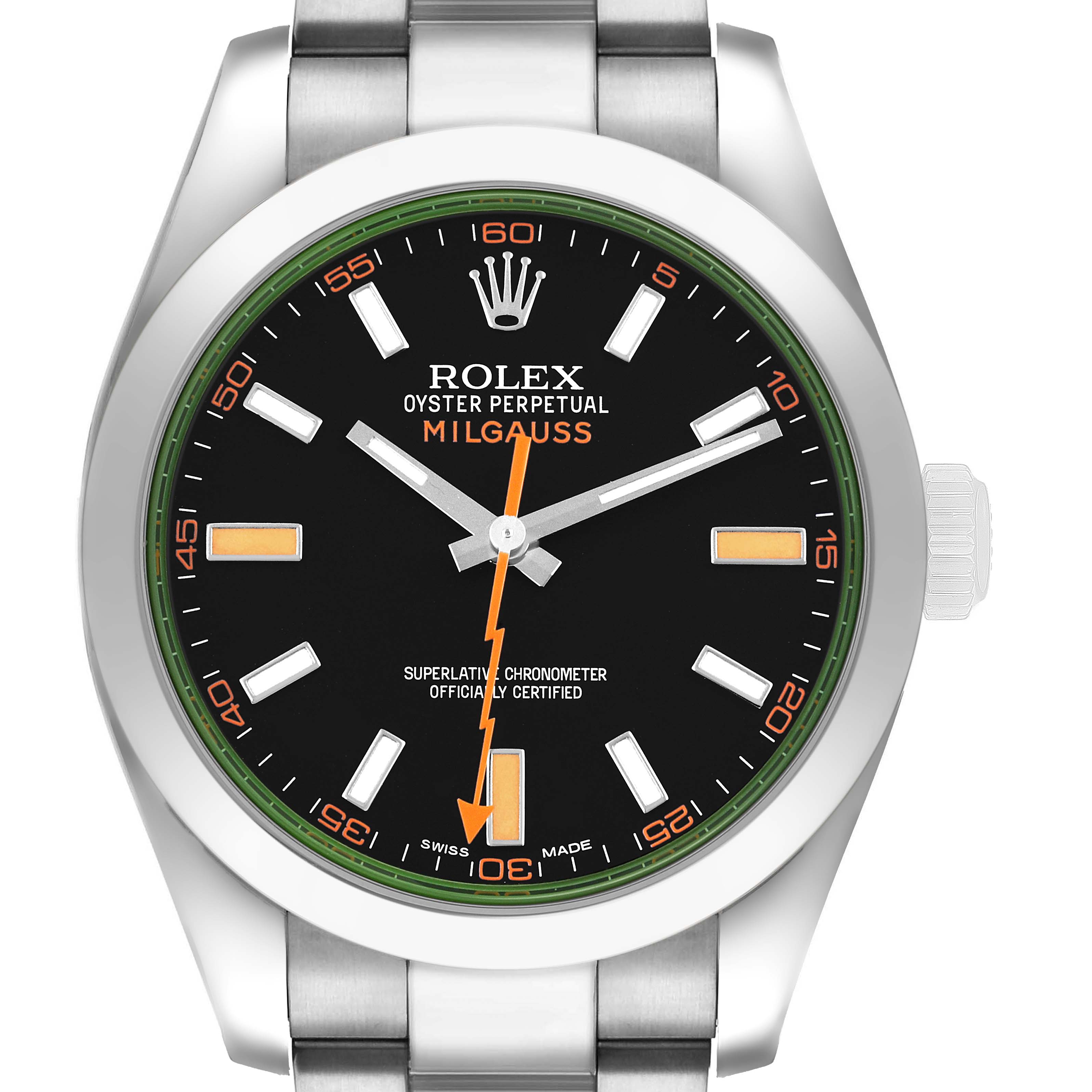 The Rolex Milgauss M116400GV-0001 Men's Stainless Steel Black Dial watch is shown from a front angle, highlighting the dial, bezel, and part of the bracelet.