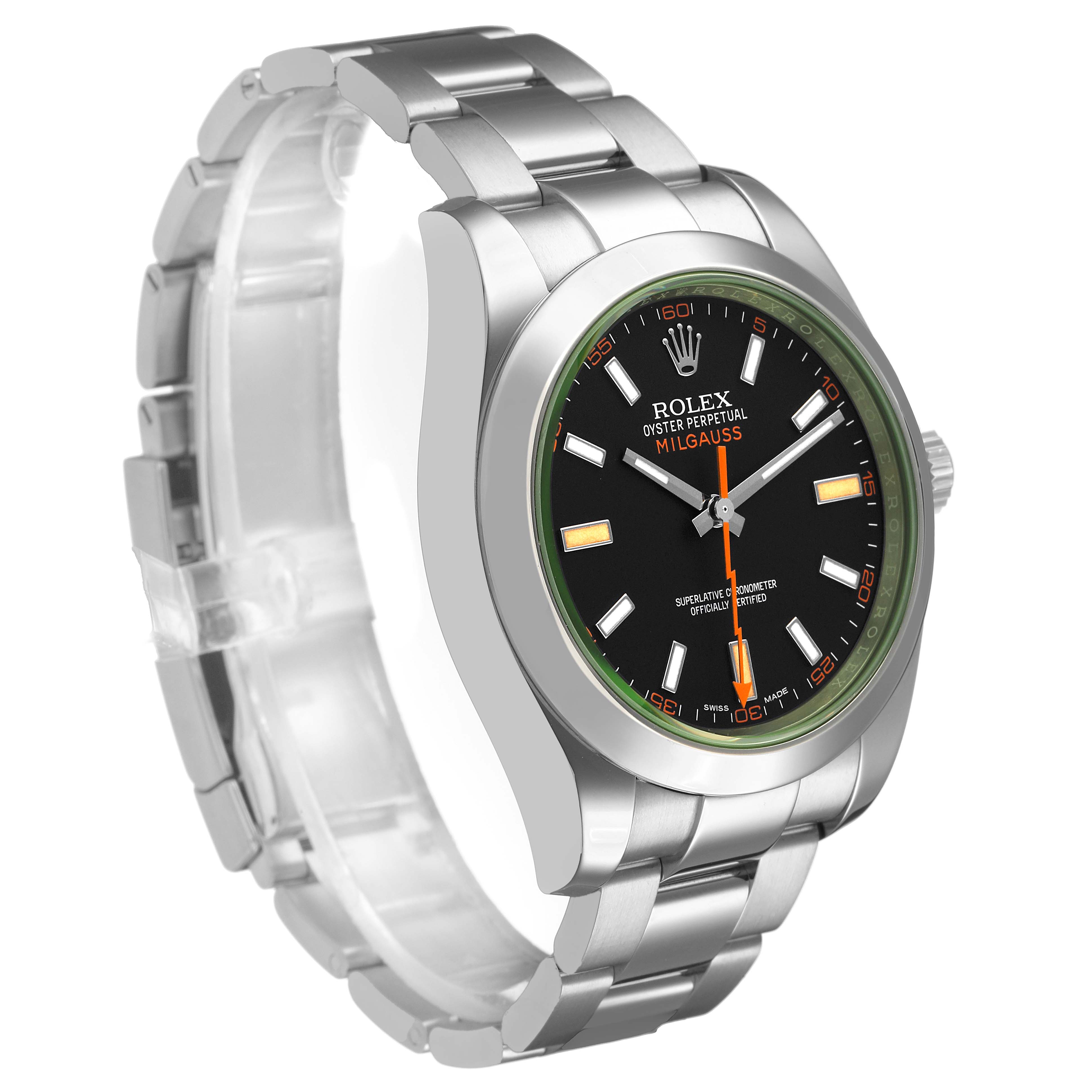 The Rolex Milgauss M116400GV-0001 Men's Stainless Steel Black Dial watch is shown at a three-quarter angle, highlighting the dial, bezel, and bracelet.