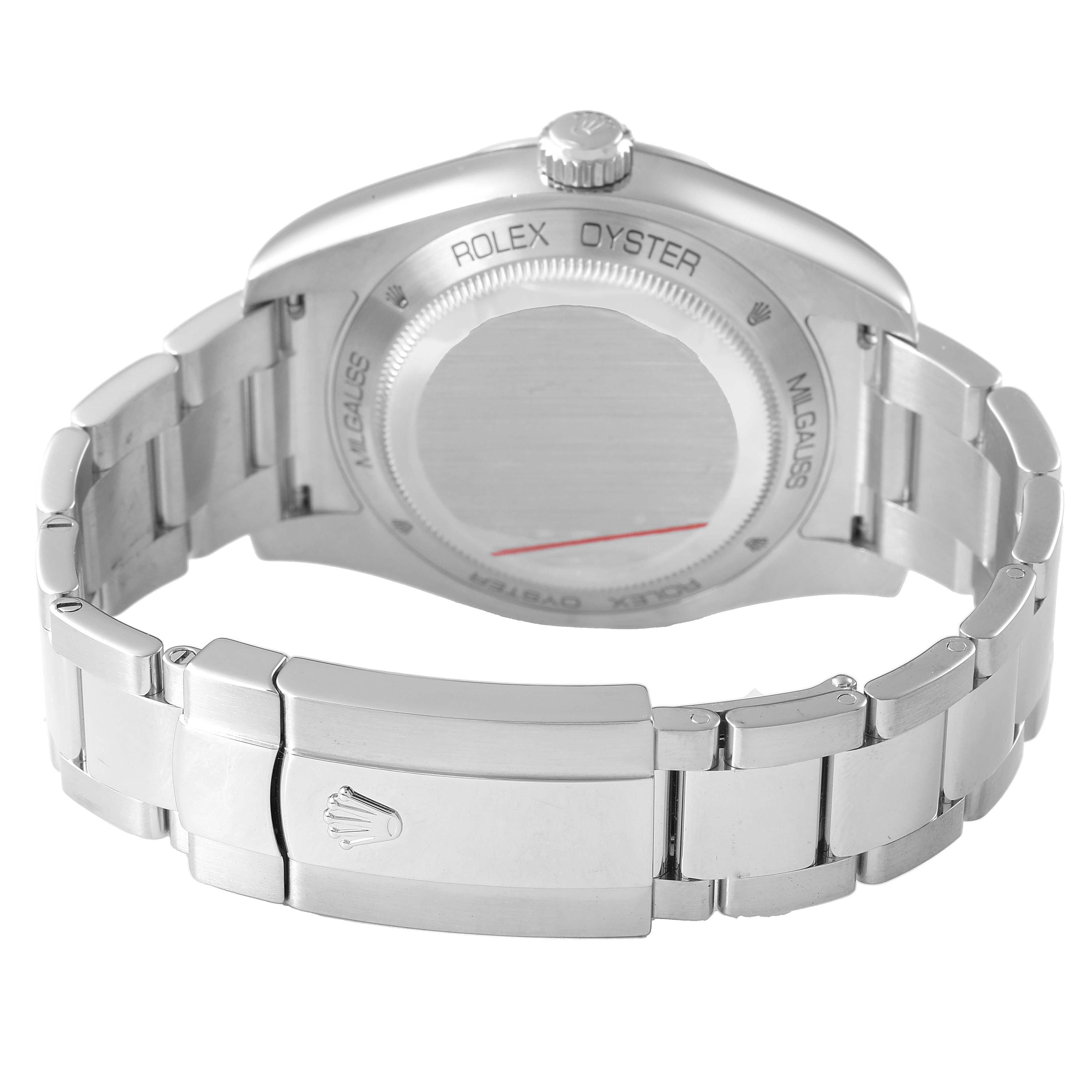 The image shows the back and bracelet clasp of a Rolex Milgauss M116400GV-0001 Men's Stainless Steel Black Dial watch, focusing on the case back and links.