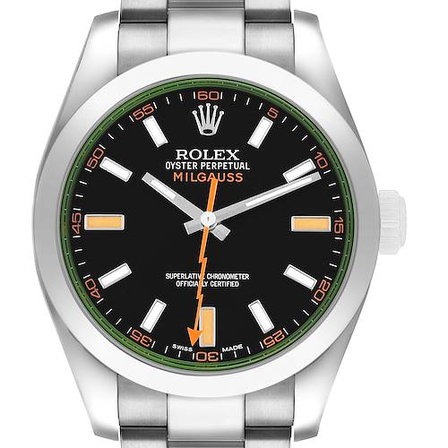 The Rolex Milgauss M116400GV-0001 Men's Stainless Steel Black Dial is shown from the front, displaying the dial, hands, crown, and part of the stainless steel bracelet.