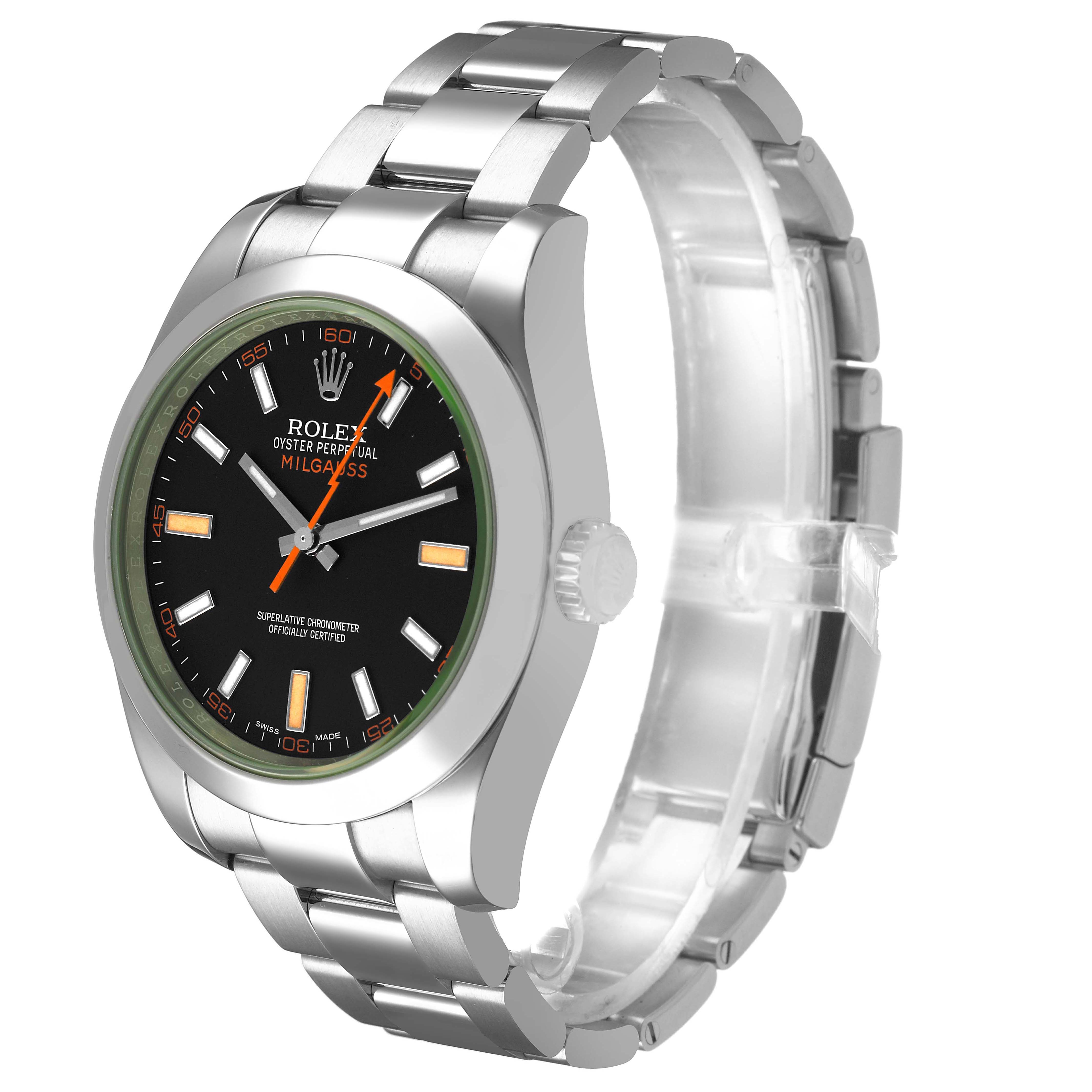 The image shows a Rolex Milgauss M116400GV-0001 Men's Stainless Steel Black Dial watch at a side angle, highlighting its black dial, orange second hand, and stainless steel bracelet.