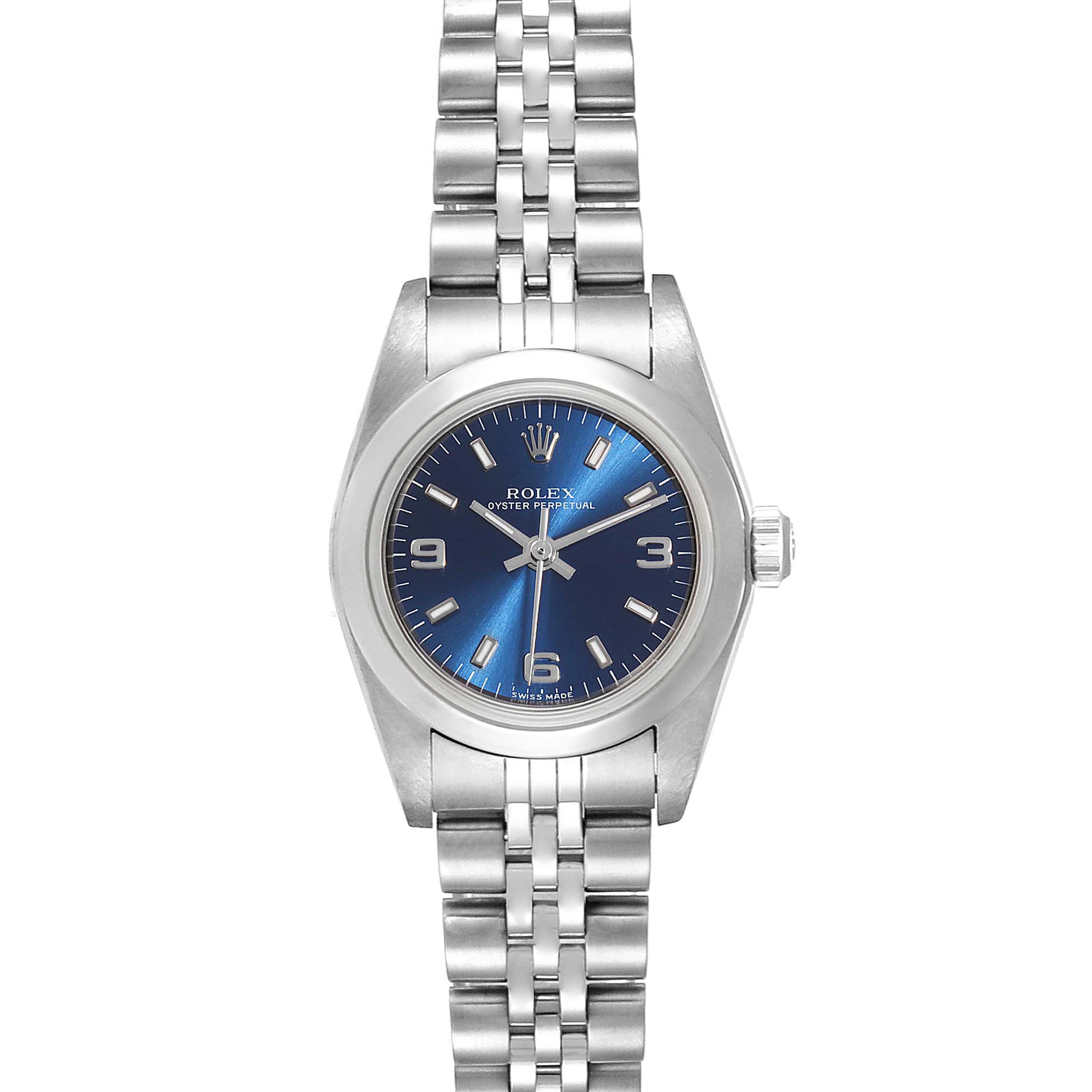 This image shows a frontal view of the Rolex Oyster Perpetual 76080 Women
s Stainless Steel Blue Dial 76080 Women
s Stainless Steel Blue Dial watch, highlighting its blue dial and stainless steel bracelet.