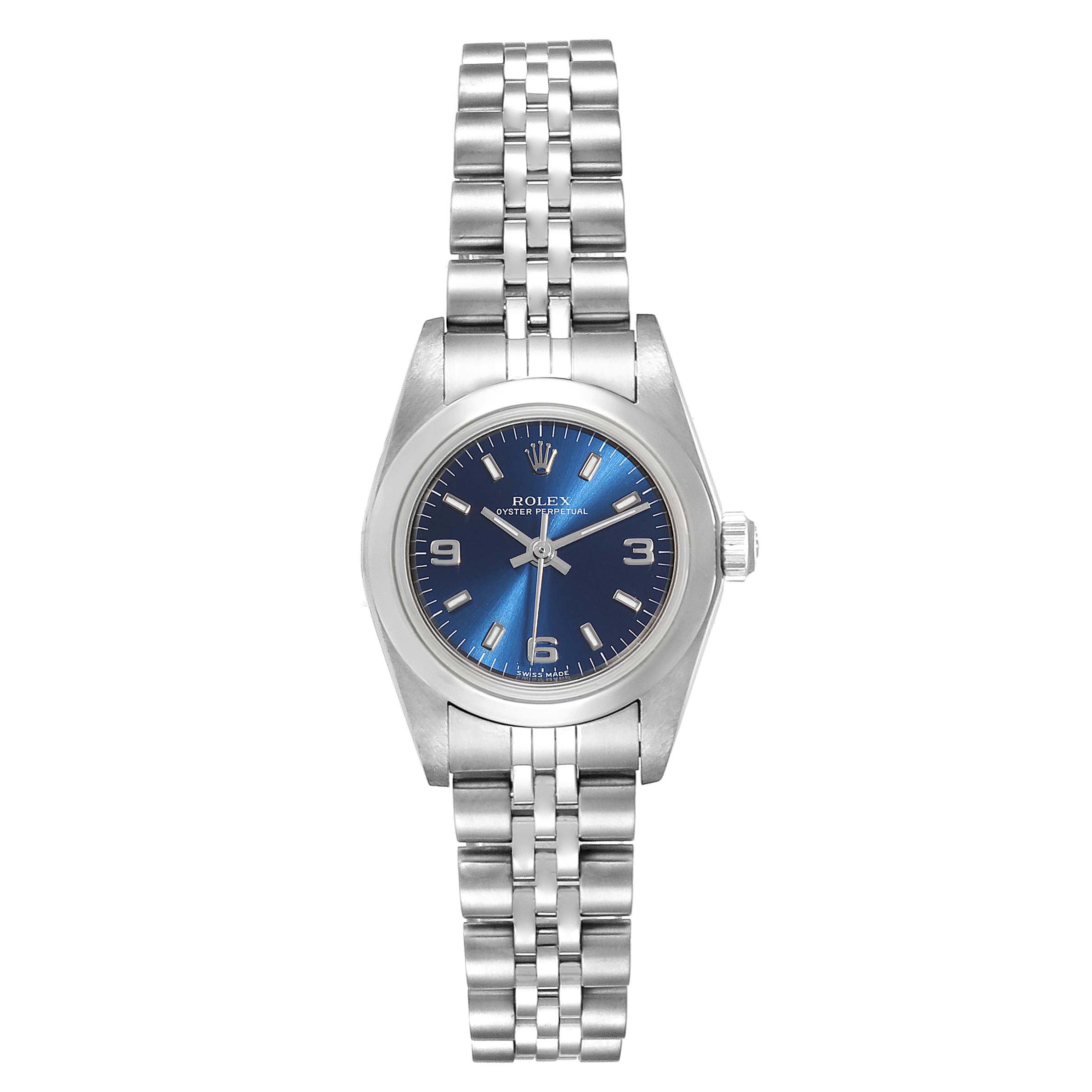 This image shows a frontal view of a Rolex Oyster Perpetual 76080 Women
s Stainless Steel Blue Dial 76080 Women
s Stainless Steel Blue Dial watch with a blue dial and a silver metal bracelet.