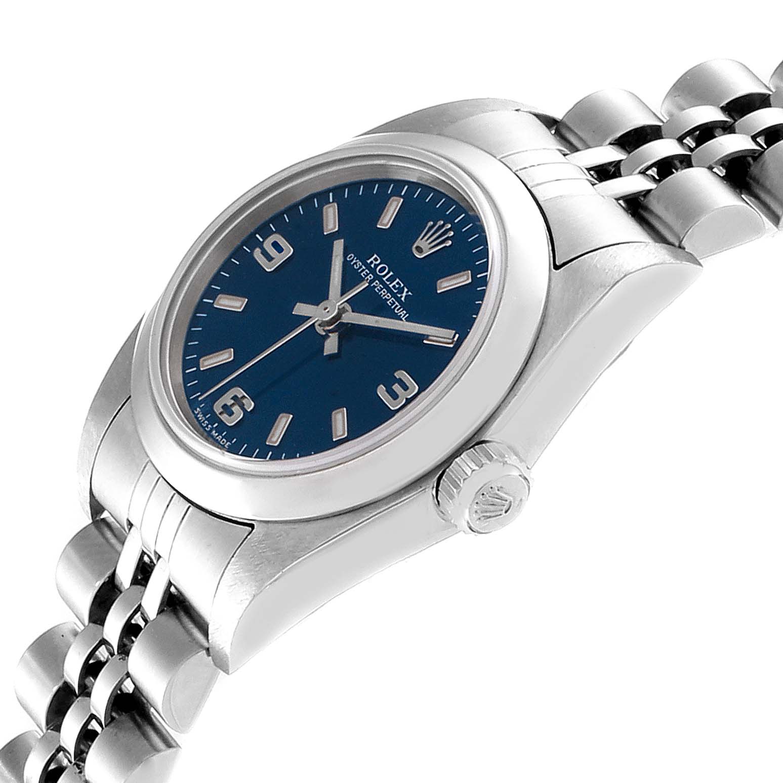 The image shows a side view of a Rolex Oyster Perpetual 76080 Women
s Stainless Steel Blue Dial 76080 Women
s Stainless Steel Blue Dial watch, highlighting the blue dial, crown, and stainless steel bracelet.