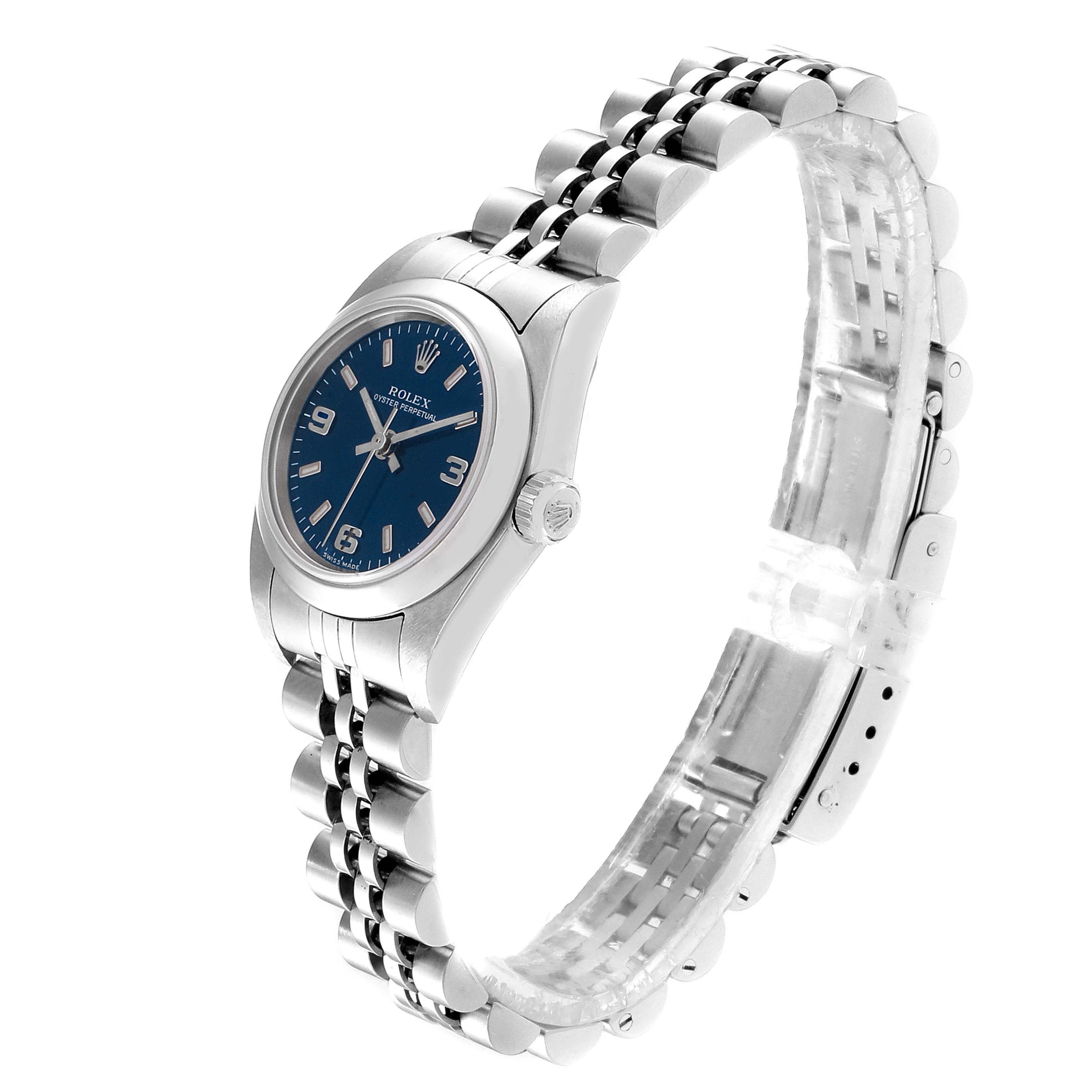 The Rolex Oyster Perpetual 76080 Women
s Stainless Steel Blue Dial 76080 Women
s Stainless Steel Blue Dial watch is shown in a side angle highlighting the face, bezel, crown, and bracelet.