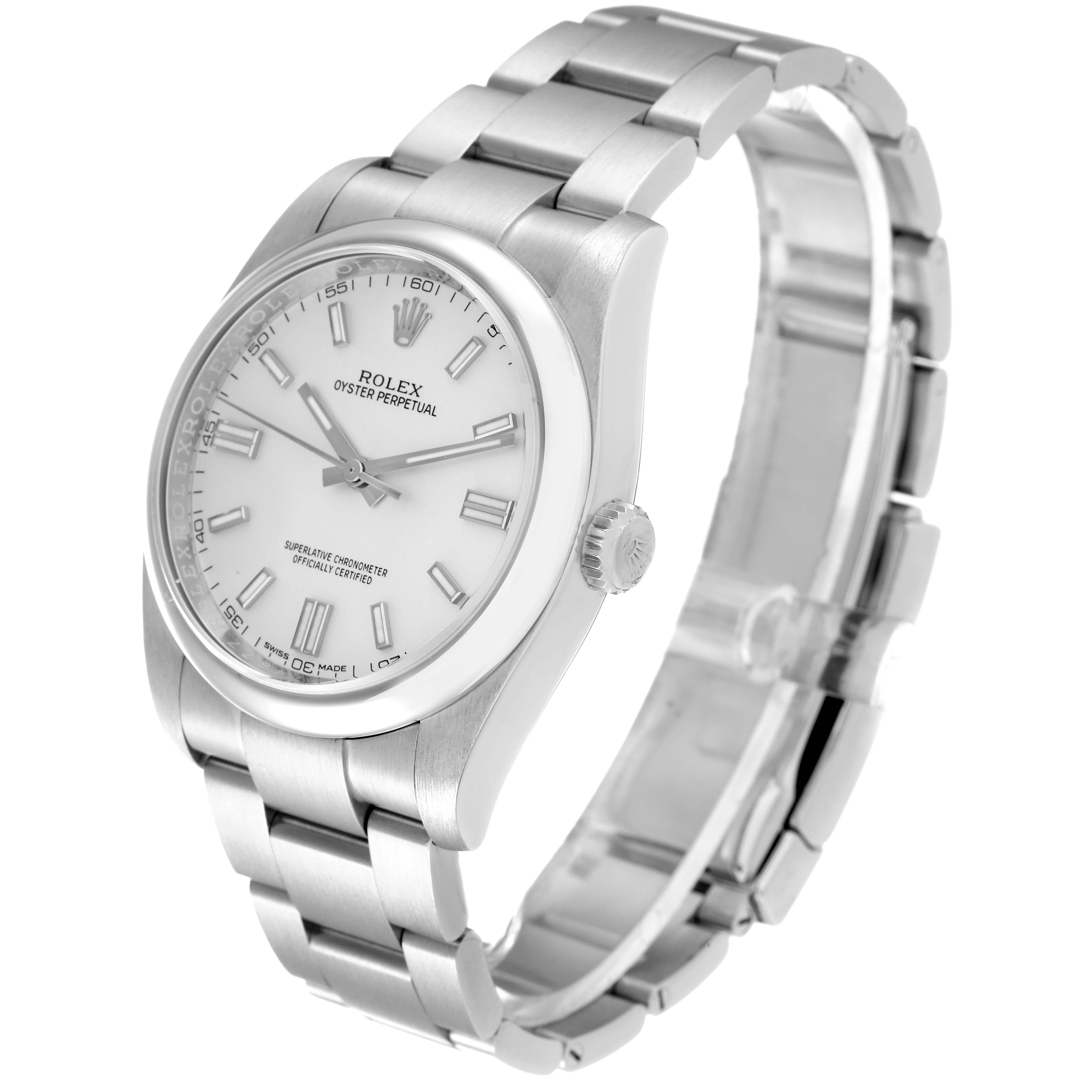 This image shows a Rolex Oyster Perpetual 116000 Men's Stainless Steel Silver Dial 116000 Men's Stainless Steel Silver Dial watch at a three-quarter angle, highlighting the face, bezel, crown, and bracelet.