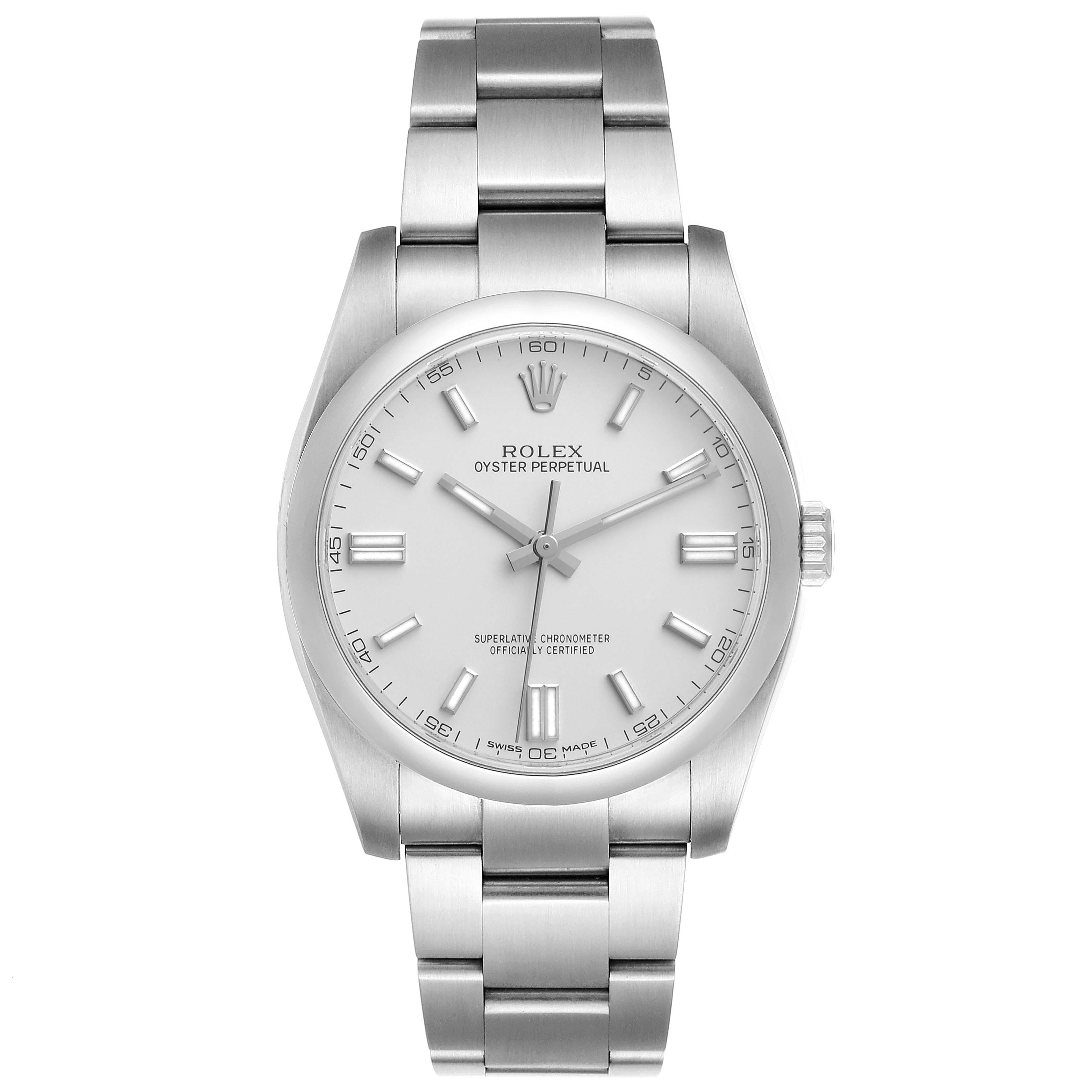 This image shows a frontal view of a Rolex Oyster Perpetual 116000 Men's Stainless Steel Silver Dial 116000 Men's Stainless Steel Silver Dial watch, showcasing the dial, markers, and bracelet.