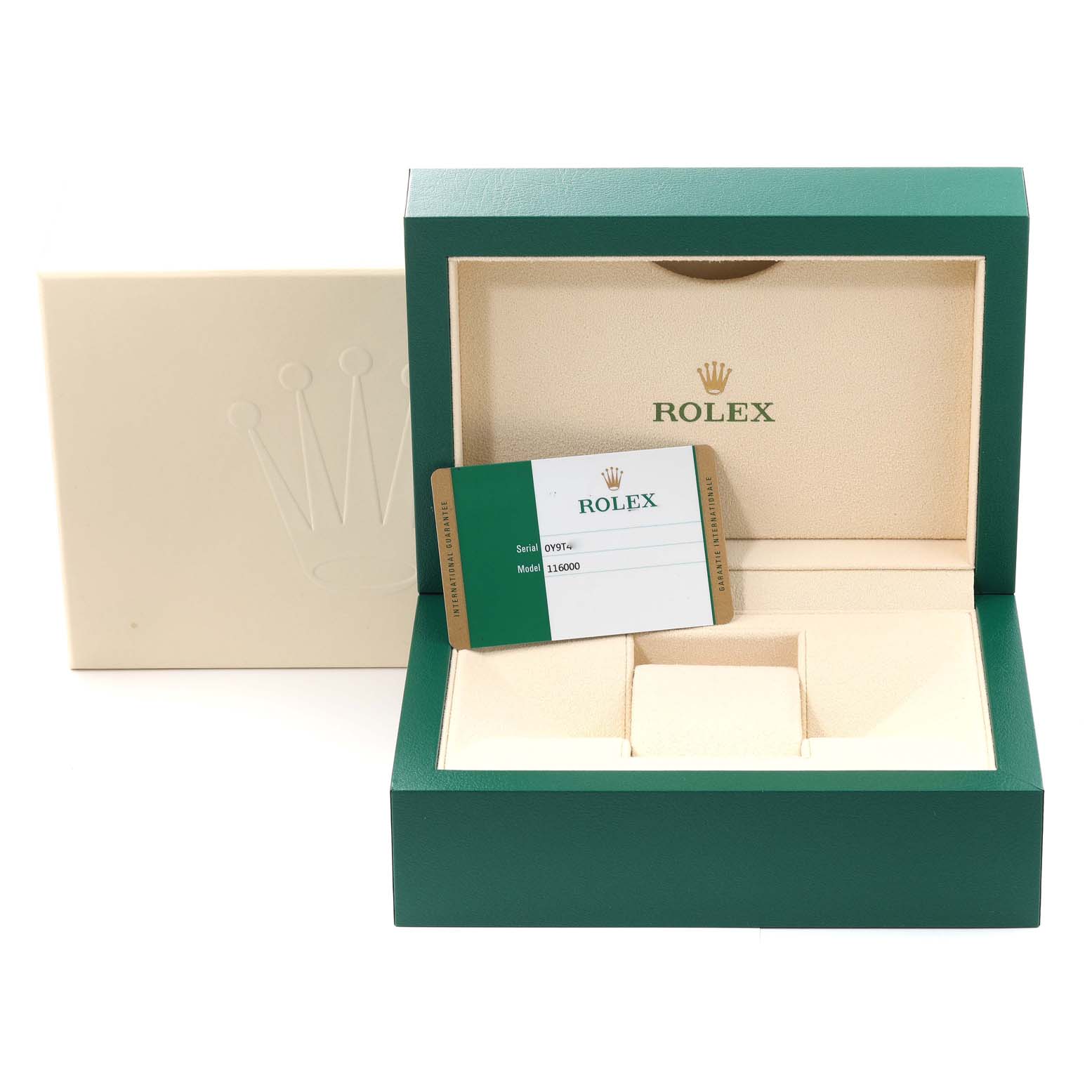 The image shows a Rolex Oyster Perpetual 116000 Men's Stainless Steel Silver Dial 116000 Men's Stainless Steel Silver Dial watch box with the warranty card displayed in front.