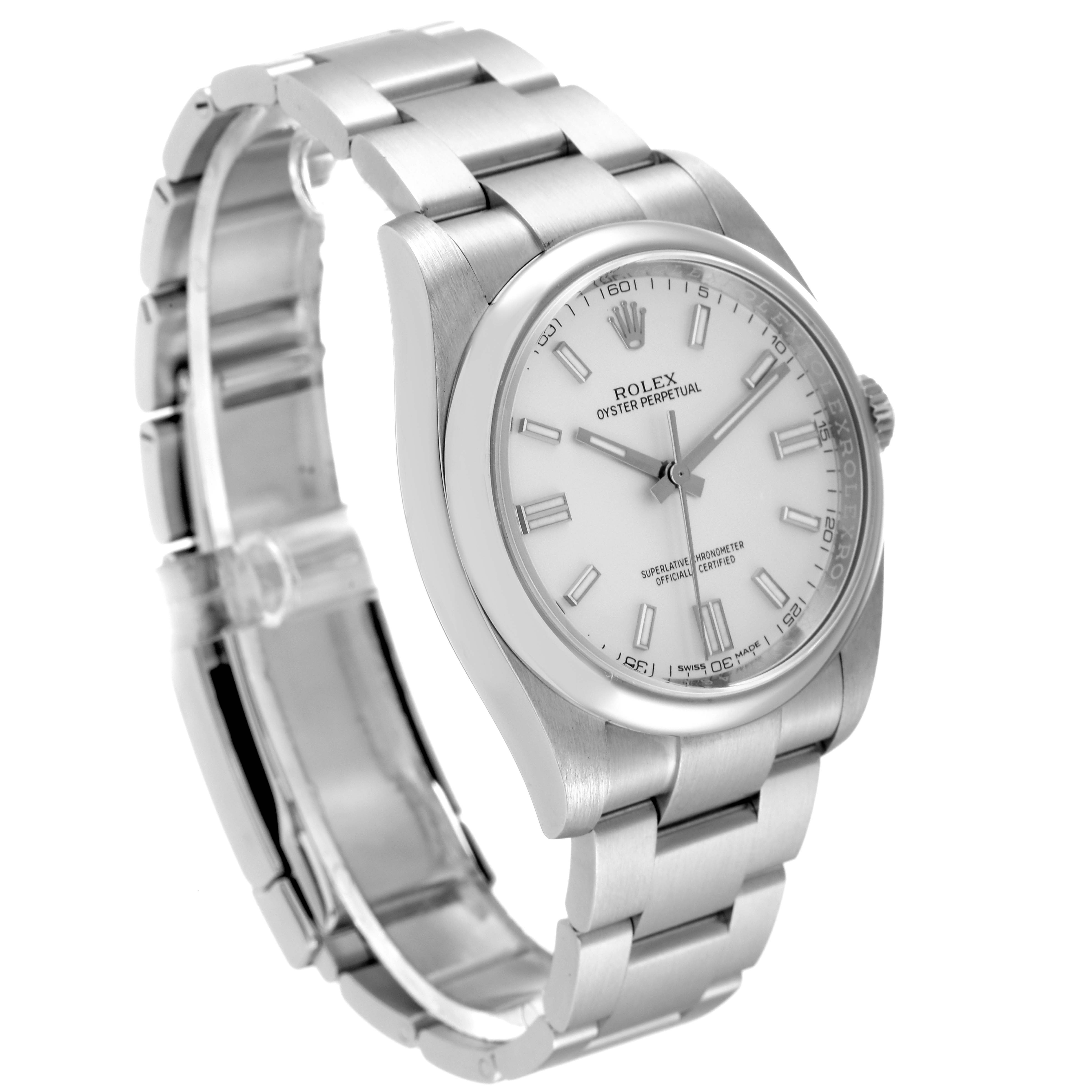 The image shows a side and partial front view of the Rolex Oyster Perpetual 116000 Men's Stainless Steel Silver Dial 116000 Men's Stainless Steel Silver Dial watch, highlighting its dial, bezel, and bracelet.