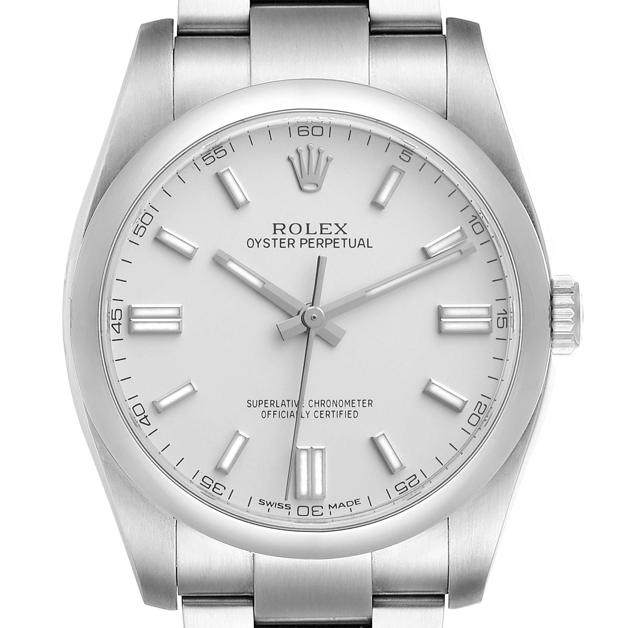 This image shows a front view of the Rolex Oyster Perpetual 116000 Men's Stainless Steel Silver Dial 116000 Men's Stainless Steel Silver Dial watch, highlighting its dial, hands, and bracelet.