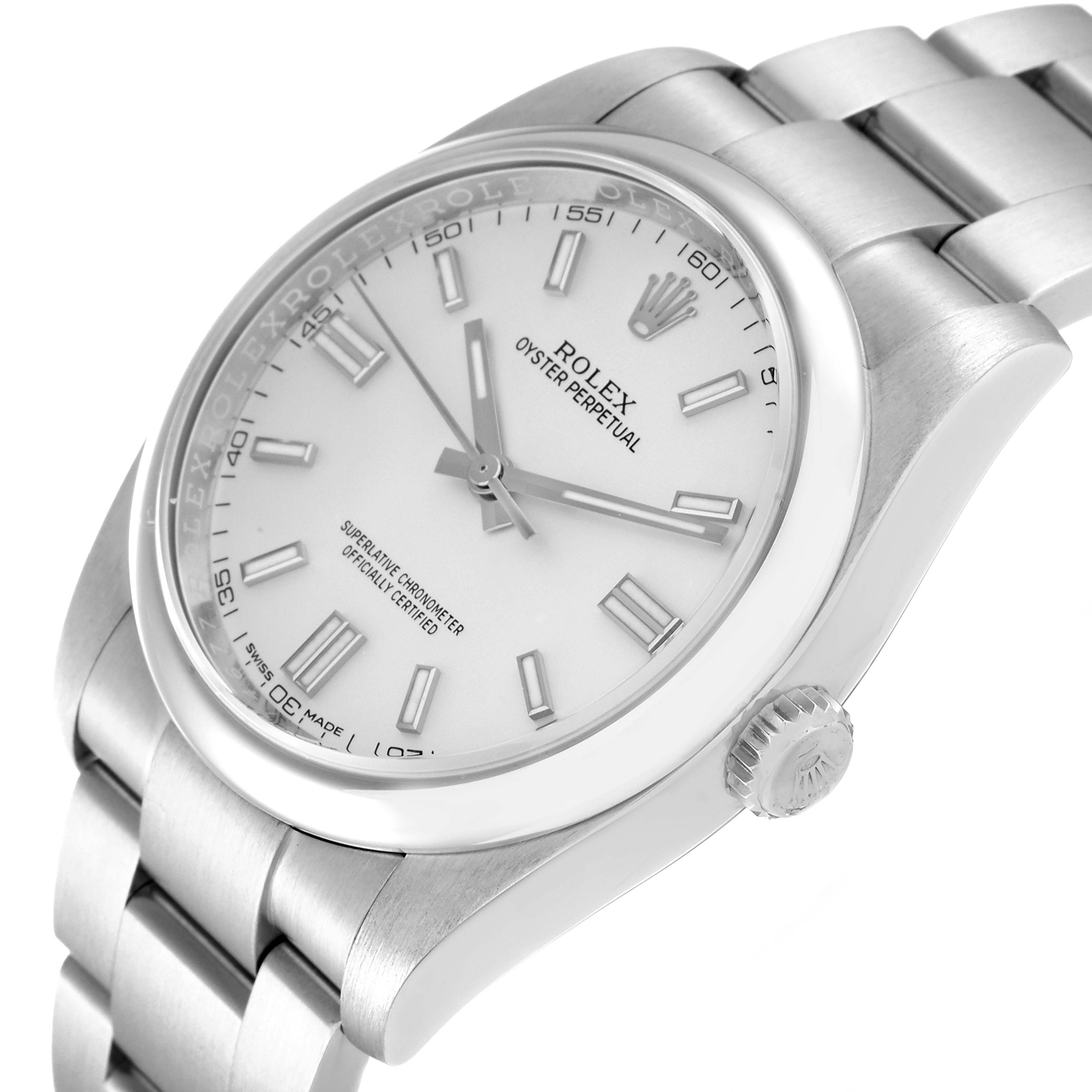 The image shows a Rolex Oyster Perpetual 116000 Men's Stainless Steel Silver Dial 116000 Men's Stainless Steel Silver Dial watch from an angled side view, highlighting the dial, bezel, crown, and bracelet.