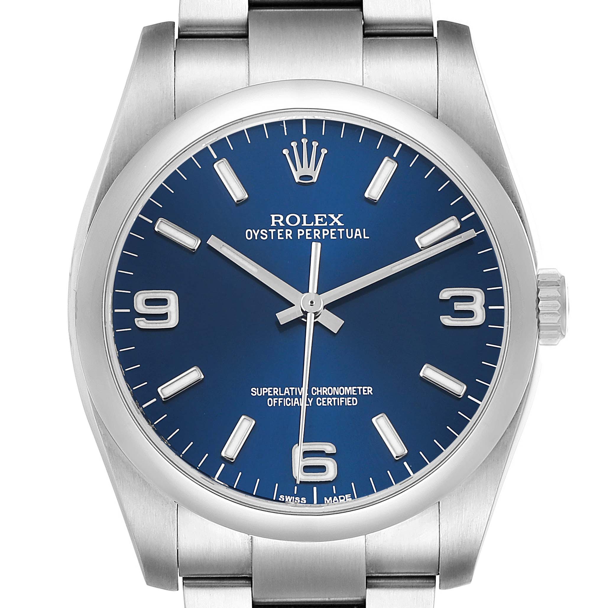 The Rolex Oyster Perpetual 116000 Men's Stainless Steel Blue Dial watch is shown from a front angle, featuring the blue dial, indices, hands, crown, and part of the bracelet.