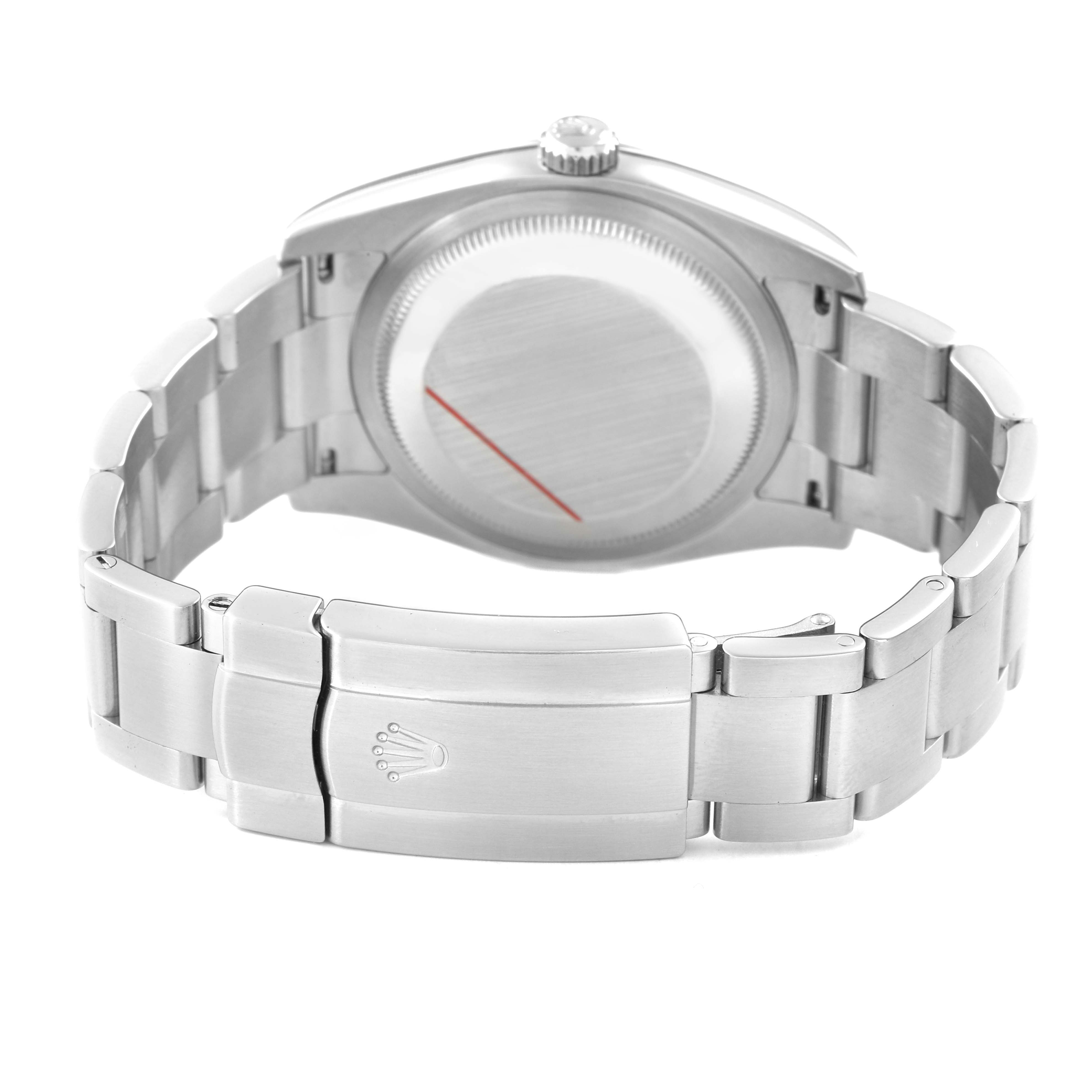 The image shows the back of the Rolex Oyster Perpetual 116000 Men's Stainless Steel Blue Dial with its bracelet and clasp visible.