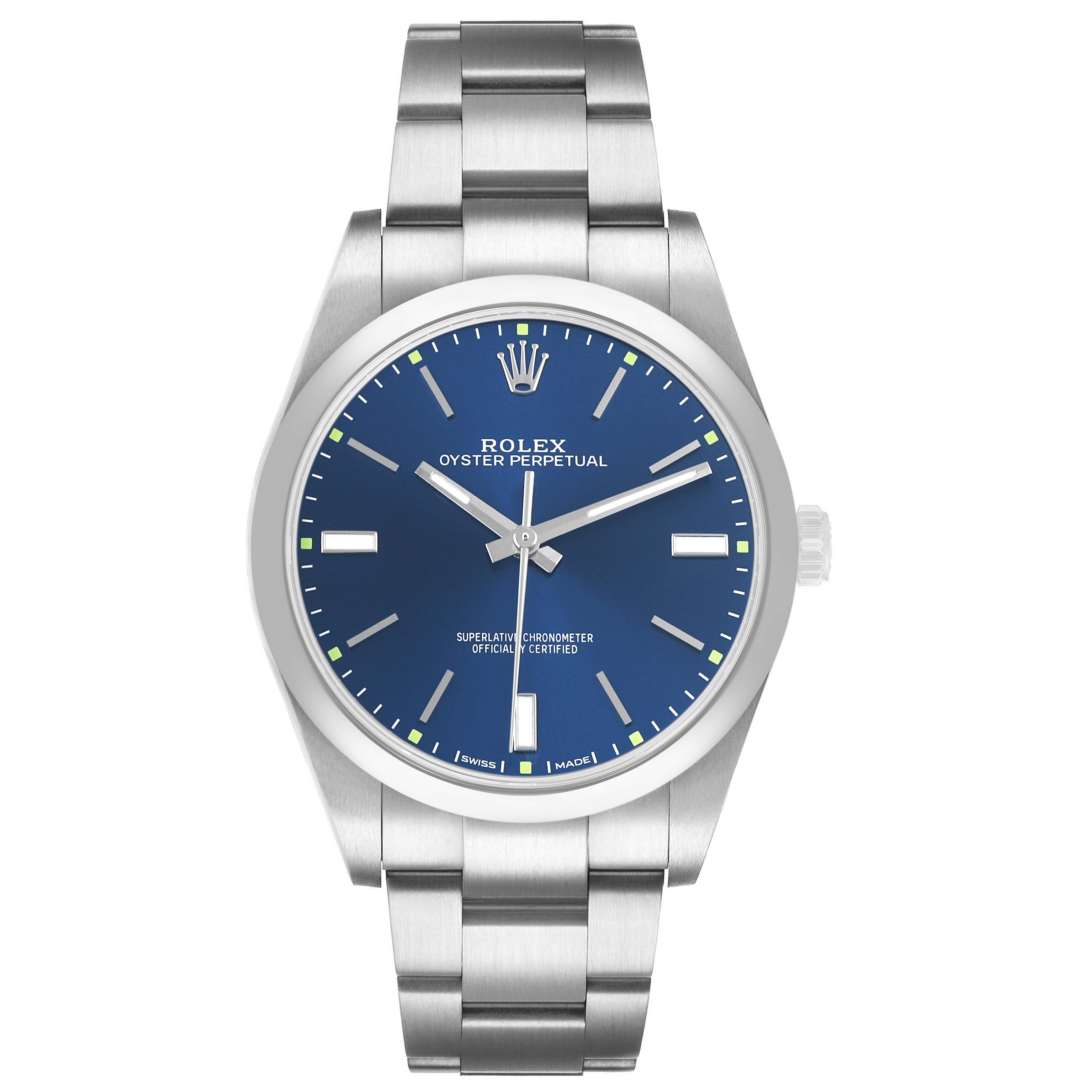 The Rolex Oyster Perpetual 114300 Men's Stainless Steel Blue Dial watch is shown from a front angle, displaying its blue dial, stainless steel case, and bracelet.