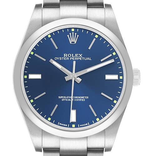 The Rolex Oyster Perpetual 114300 Men's Stainless Steel Blue Dial watch is shown from a front angle, displaying its blue dial, hands, markers, and part of the bracelet.