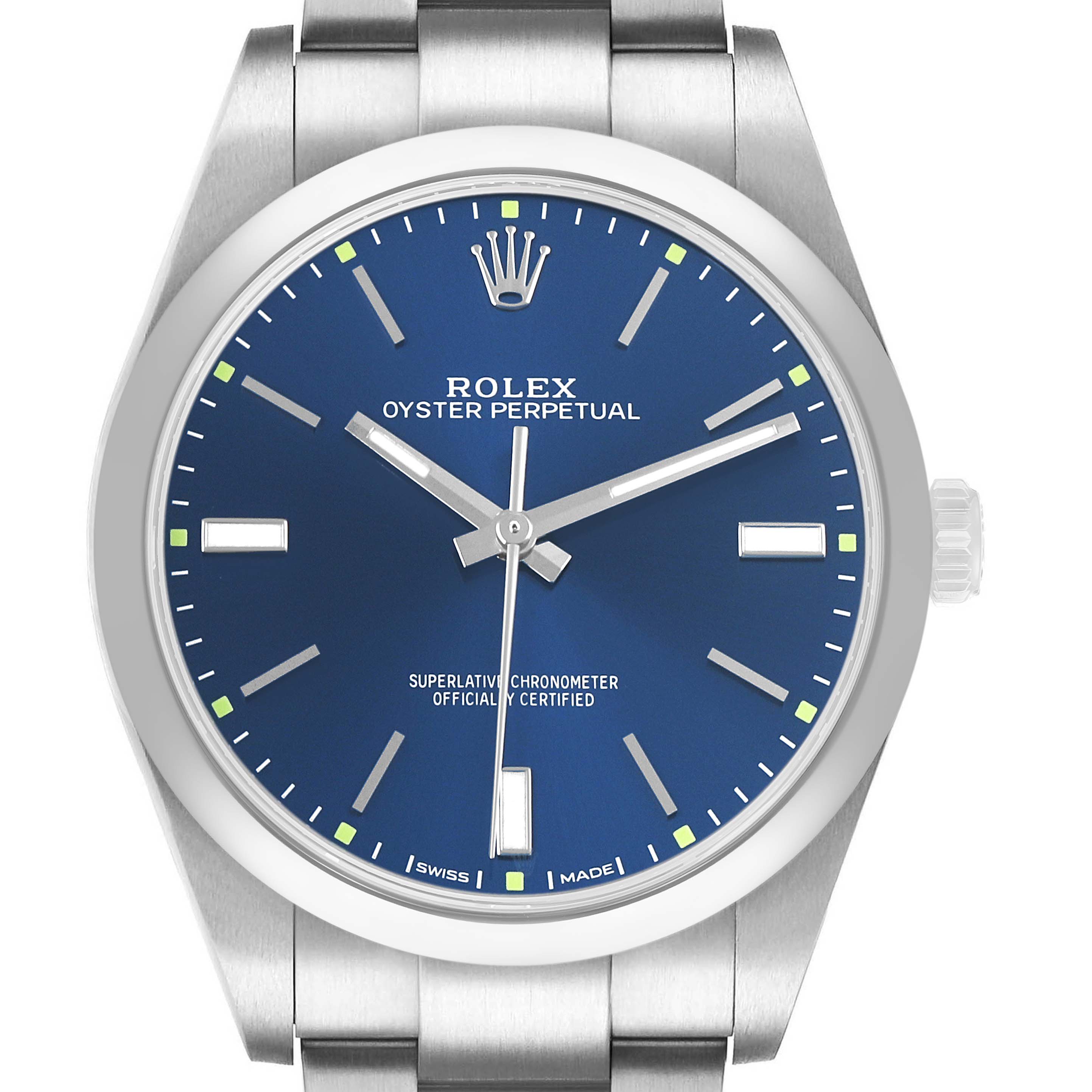The Rolex Oyster Perpetual 114300 Men's Stainless Steel Blue Dial watch is shown from a front view, displaying its blue dial, hands, markers, and crown.
