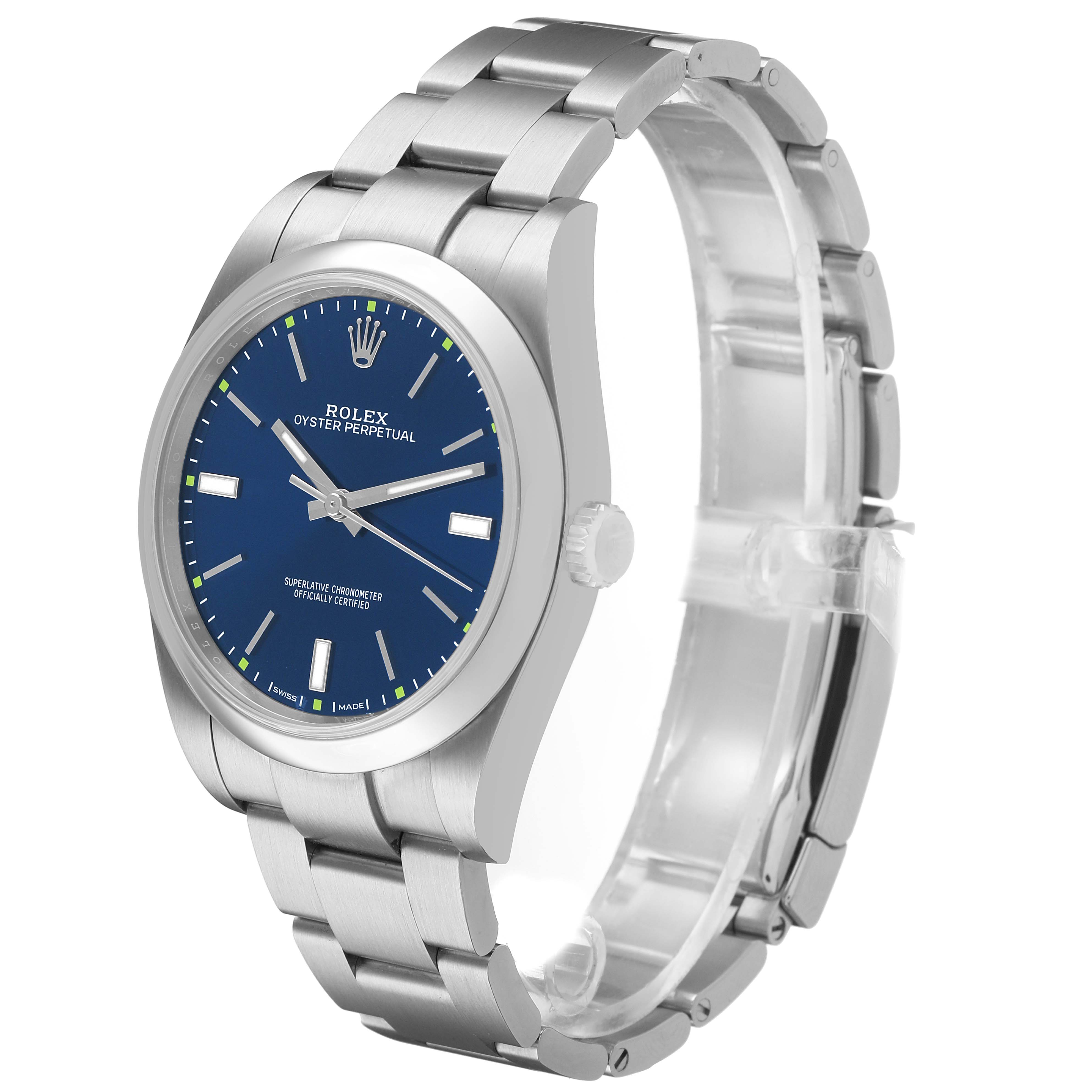 The Rolex Oyster Perpetual 114300 Men's Stainless Steel Blue Dial watch is shown at a three-quarter angle, displaying the blue dial, crown, and bracelet.