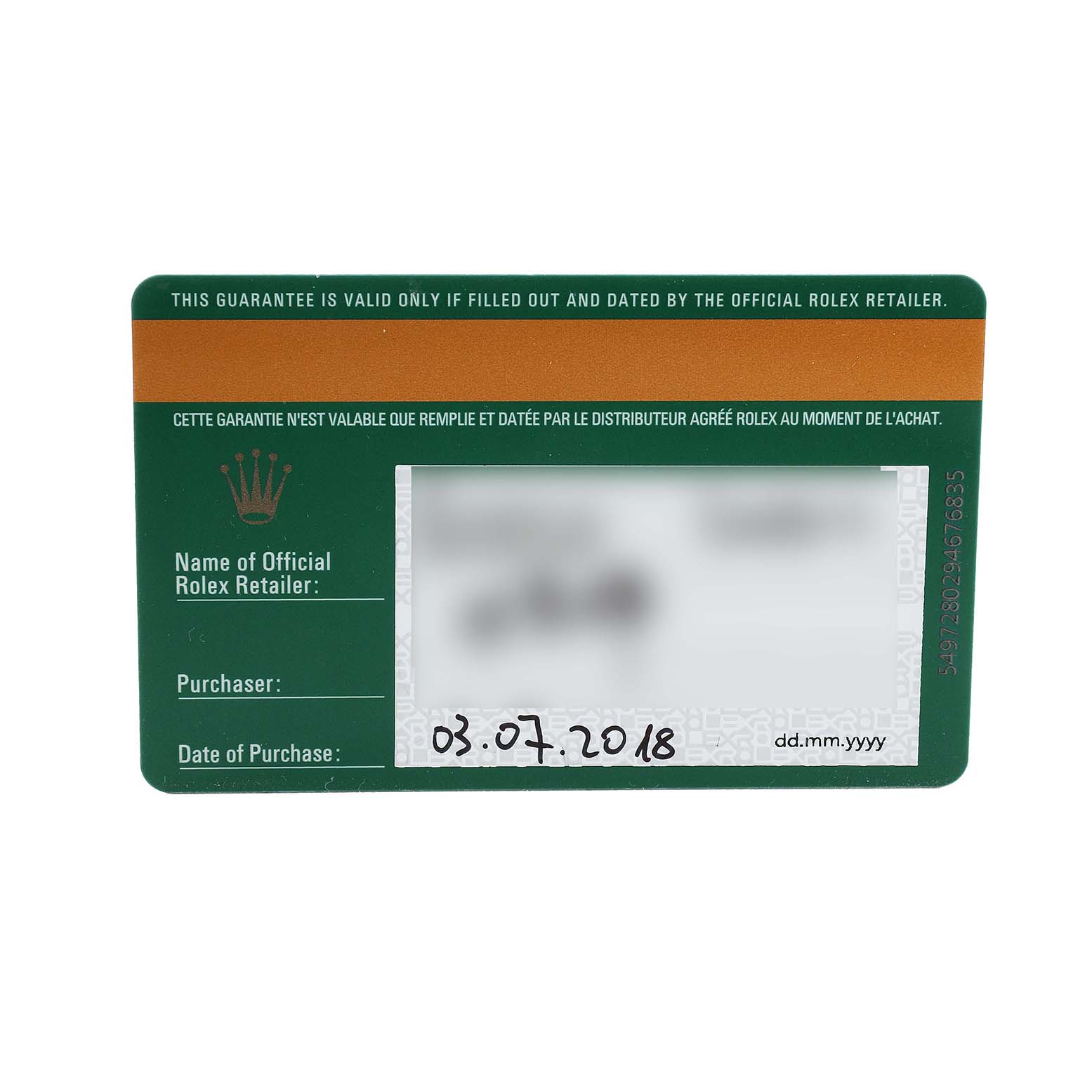 The image shows a guarantee card for a Rolex Oyster Perpetual 114300 Men's Stainless Steel Blue Dial watch with retail and purchase details.