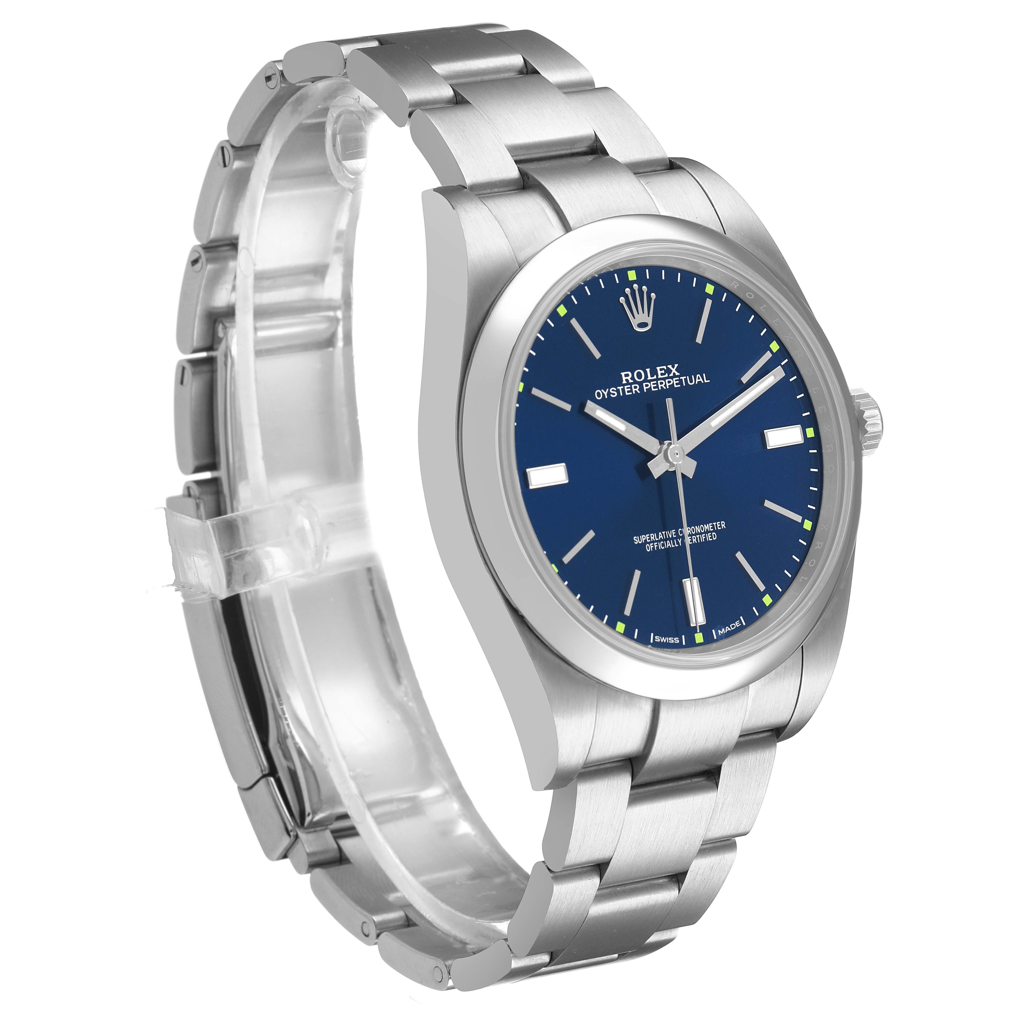 The image shows a Rolex Oyster Perpetual 114300 Men's Stainless Steel Blue Dial watch from a side angle, highlighting the blue dial, stainless steel case, and bracelet.