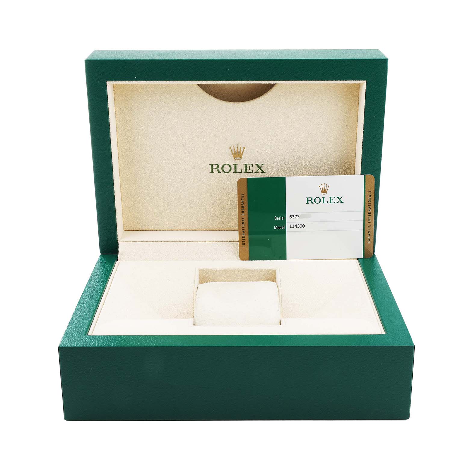 The image shows a Rolex Oyster Perpetual 114300 Men's Stainless Steel Blue Dial watch box with an authenticity card inside, viewed from the front.