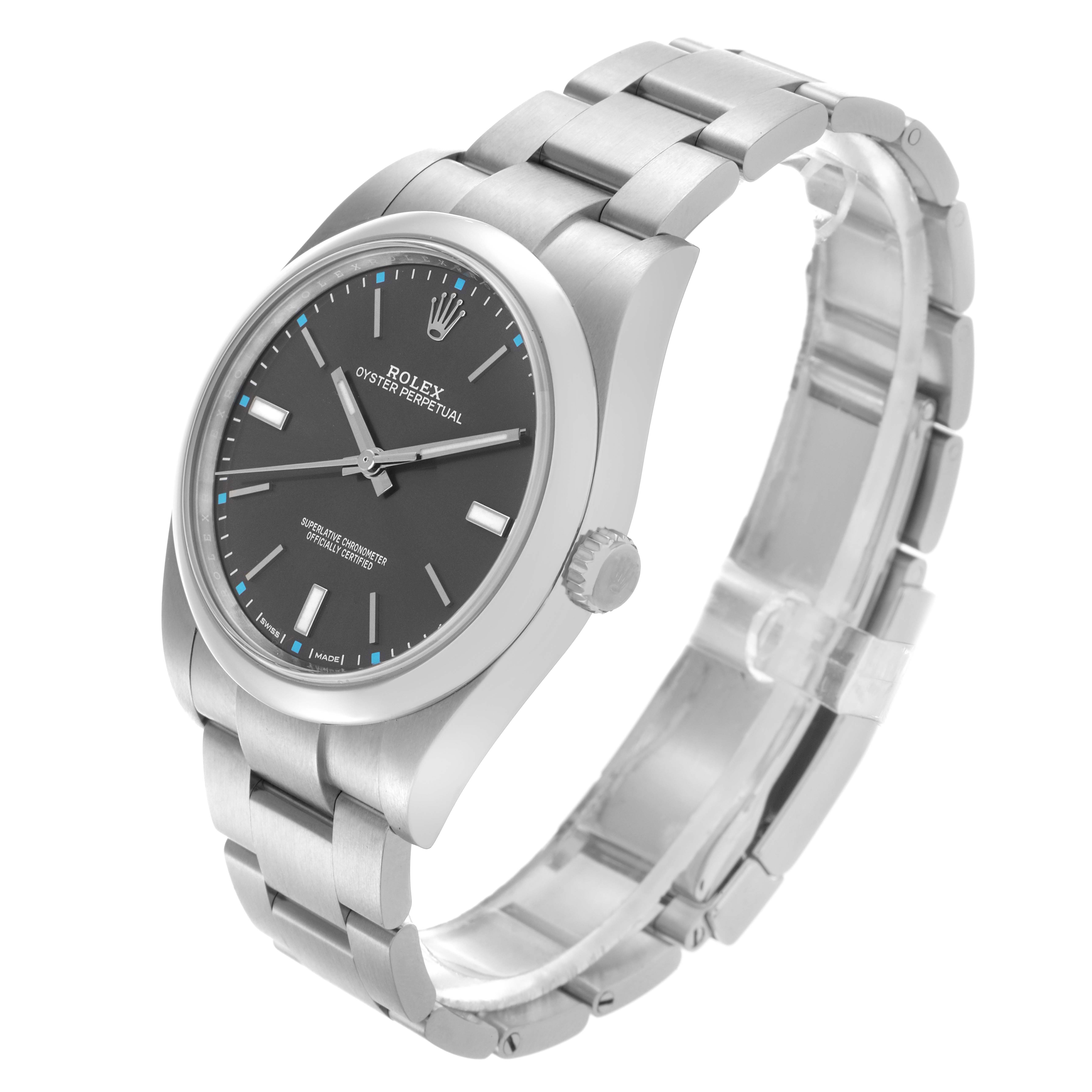 The Rolex Oyster Perpetual 114300 Men's Stainless Steel Grey Dial 114300 Men's Stainless Steel Grey Dial model is shown from a three-quarter angle, displaying the face, case, and bracelet.