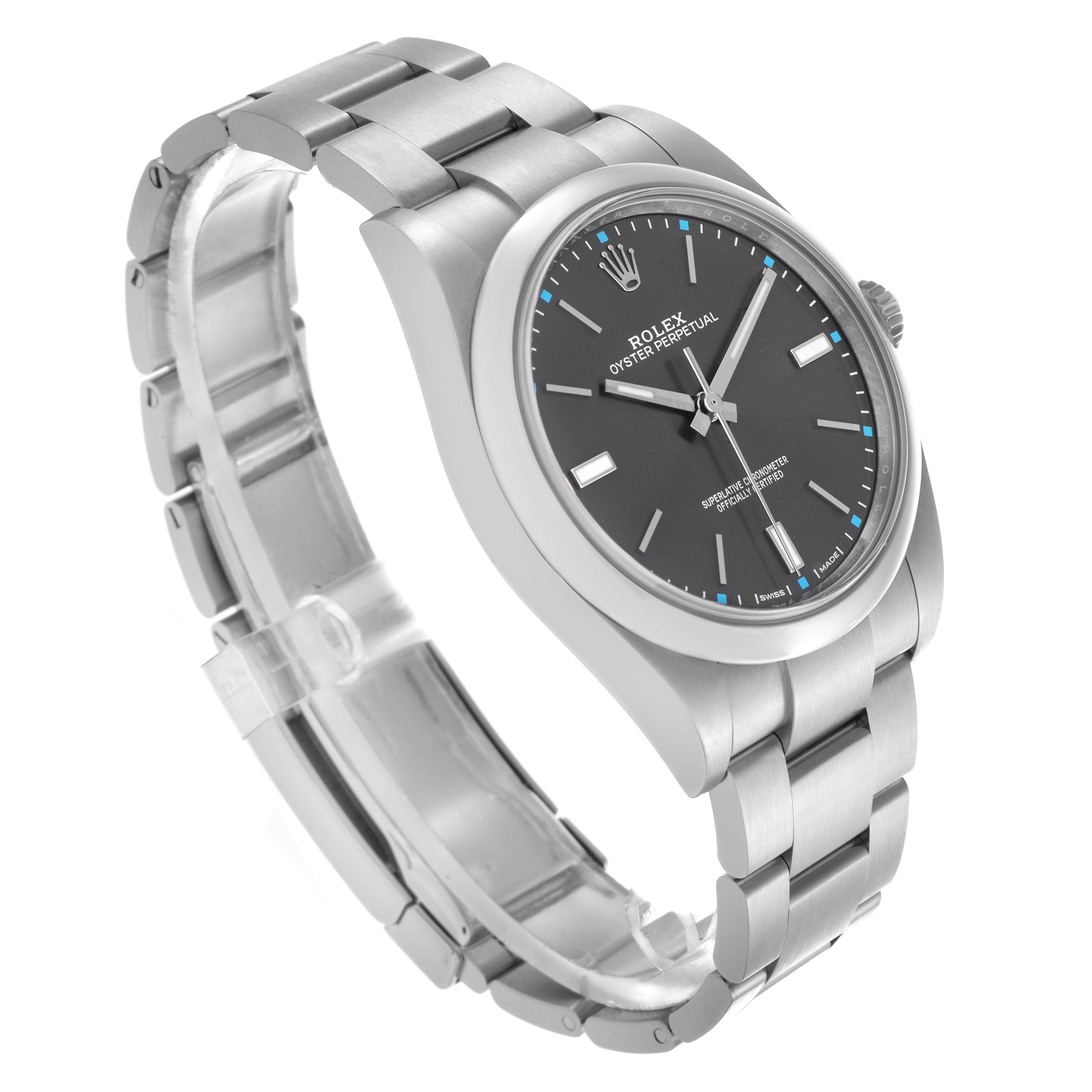 The Rolex Oyster Perpetual 114300 Men's Stainless Steel Grey Dial 114300 Men's Stainless Steel Grey Dial watch is shown at an angle highlighting the face, bezel, and part of the bracelet.