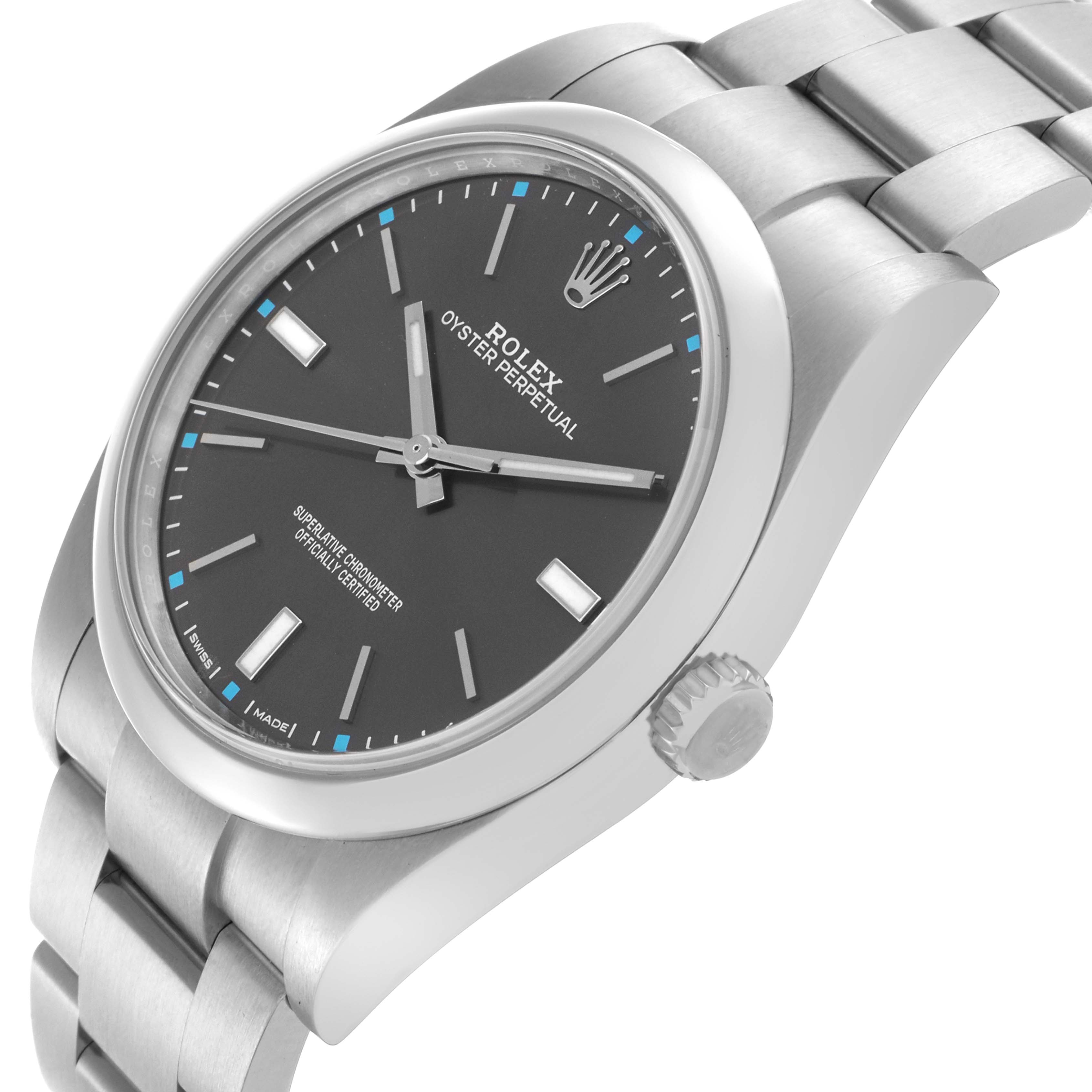 The Rolex Oyster Perpetual 114300 Men's Stainless Steel Grey Dial 114300 Men's Stainless Steel Grey Dial watch is shown at a three-quarter angle, highlighting the dial, case, crown, and part of the bracelet.