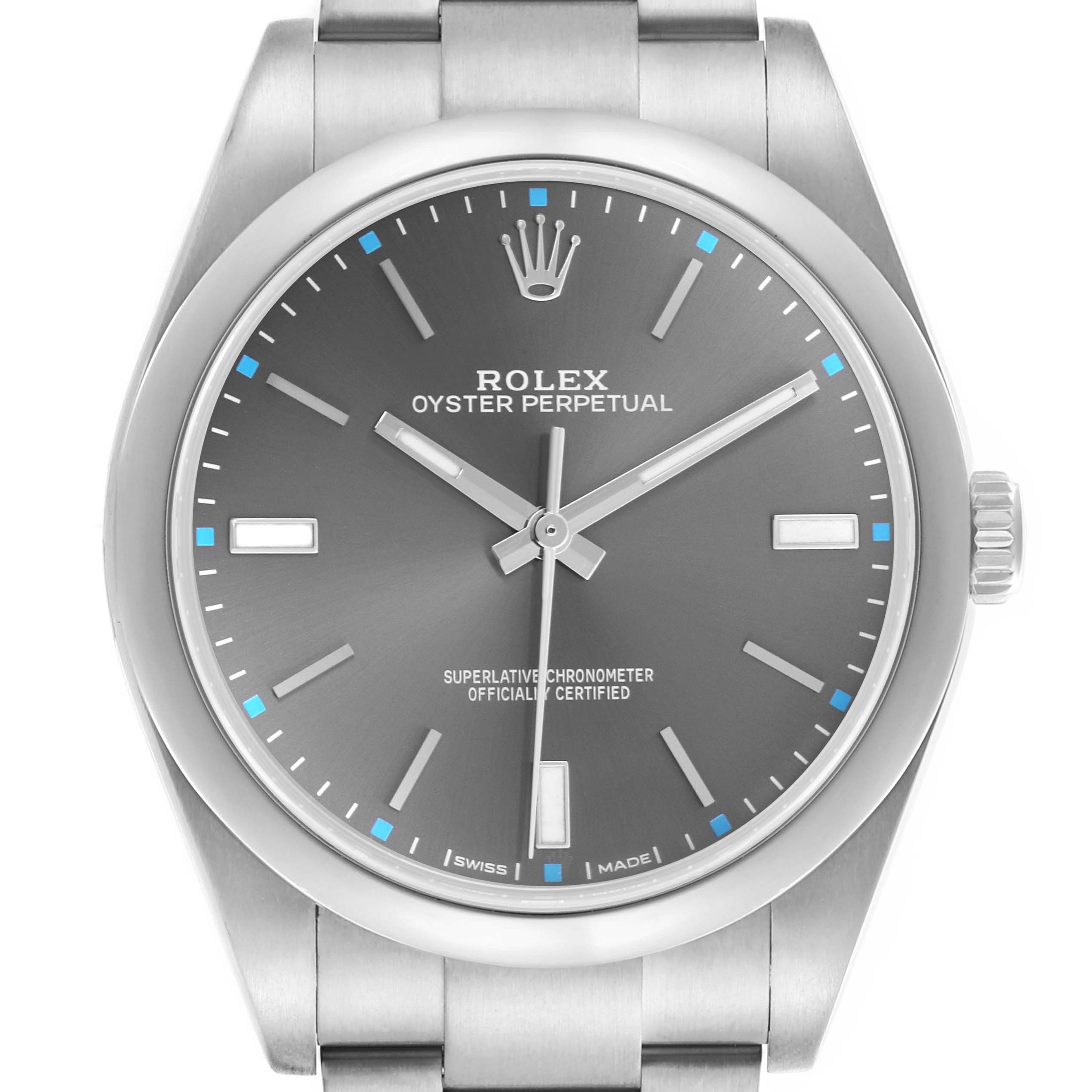 The image shows a front view of a Rolex Oyster Perpetual 114300 Men's Stainless Steel Grey Dial 114300 Men's Stainless Steel Grey Dial watch, displaying the dial, hour markers, hands, and part of the bracelet.