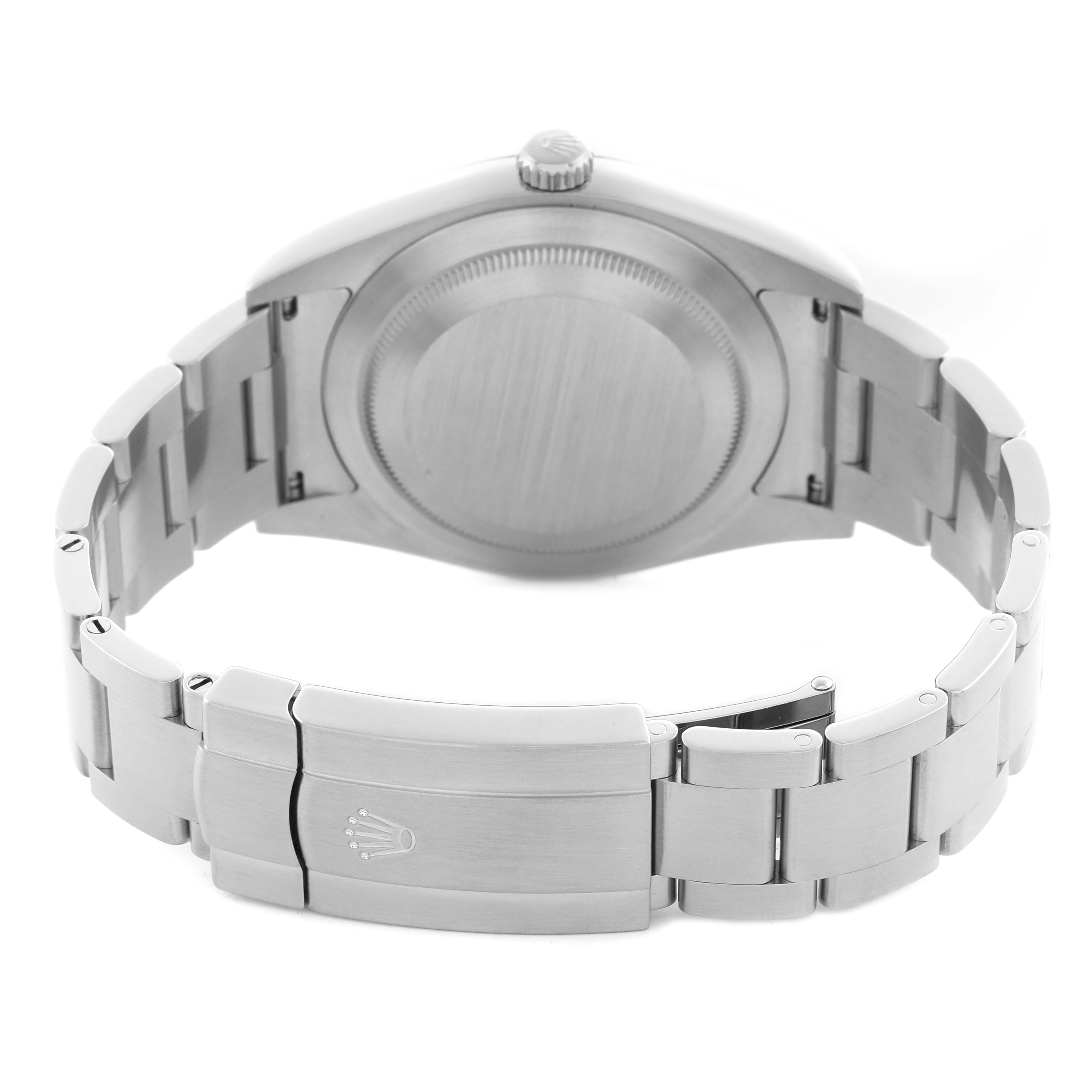 The image shows the back of a Rolex Oyster Perpetual 114300 Men's Stainless Steel Grey Dial 114300 Men's Stainless Steel Grey Dial watch, focusing on the bracelet and clasp with the crown logo.