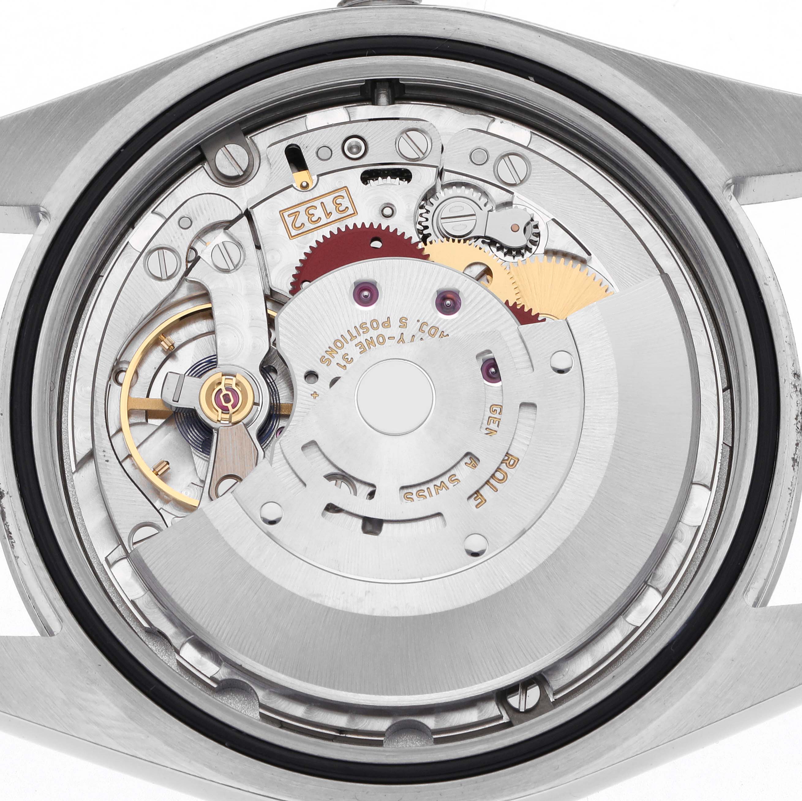 The image shows the movement mechanism of a Rolex Oyster Perpetual 114300 Men's Stainless Steel Grey Dial 114300 Men's Stainless Steel Grey Dial watch from a top-down angle.