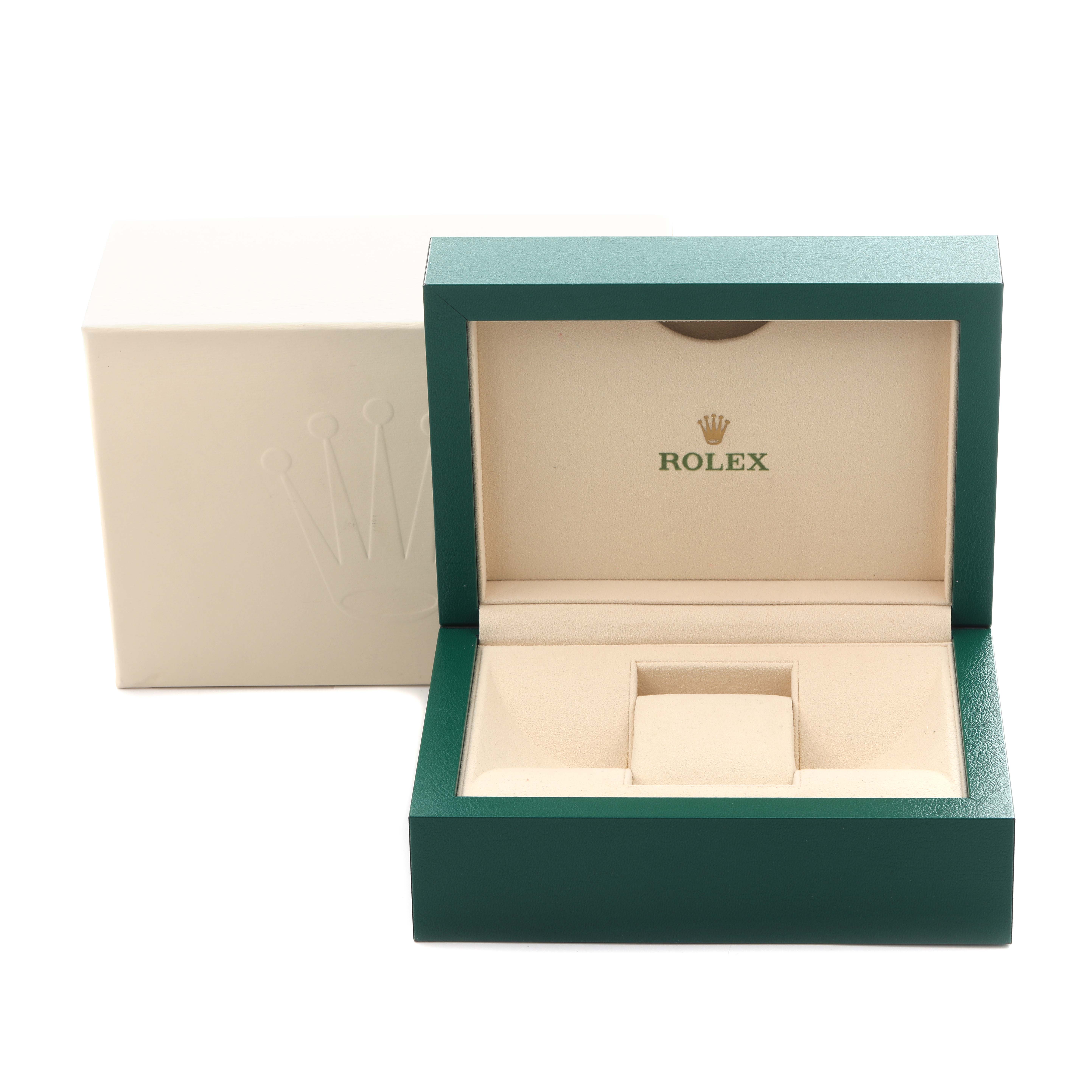 The image shows an open green Rolex watch box for the Oyster Perpetual model, positioned at a frontal angle.