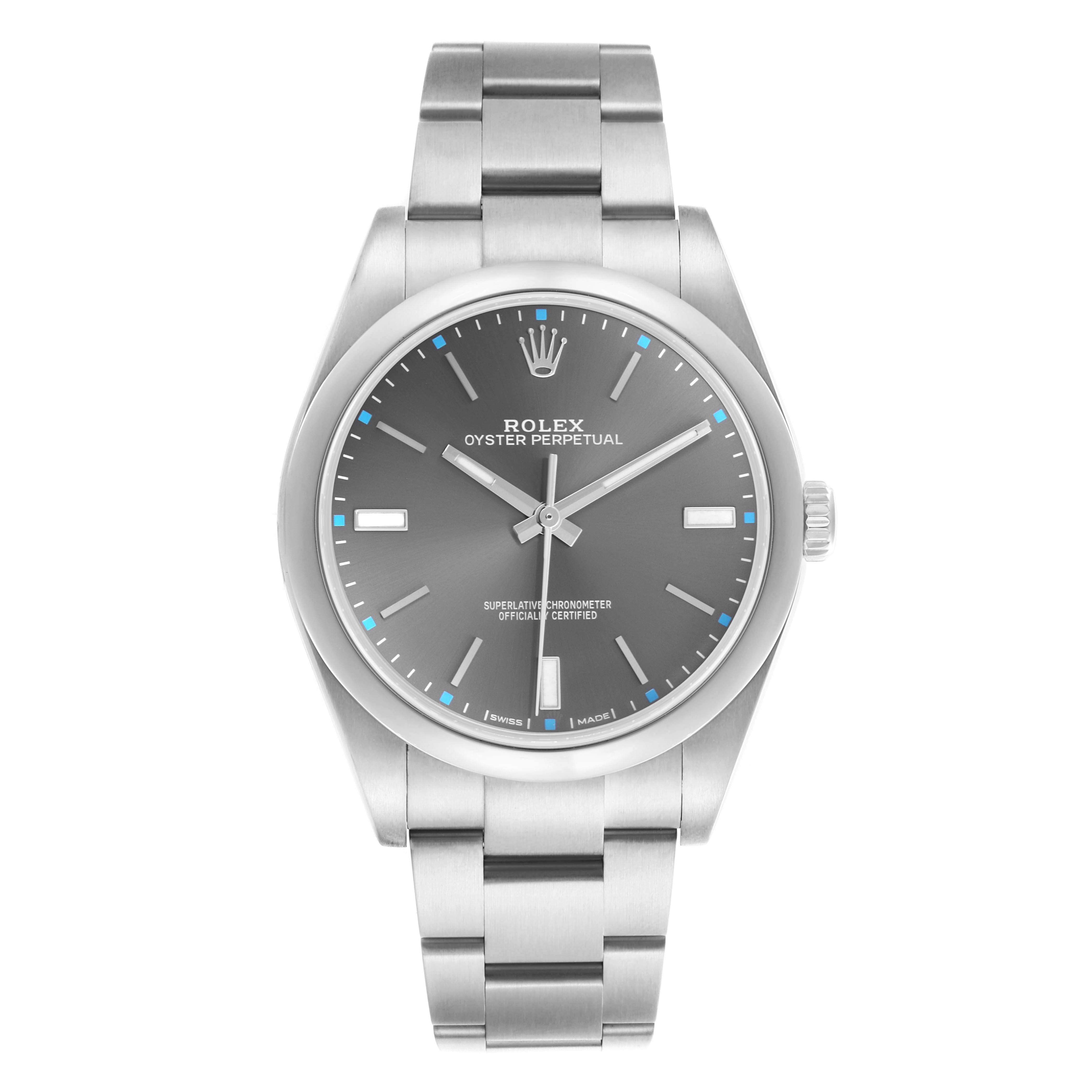 The Rolex Oyster Perpetual 114300 Men's Stainless Steel Grey Dial 114300 Men's Stainless Steel Grey Dial watch is shown from a front angle, displaying the face, bezel, crown, and bracelet.