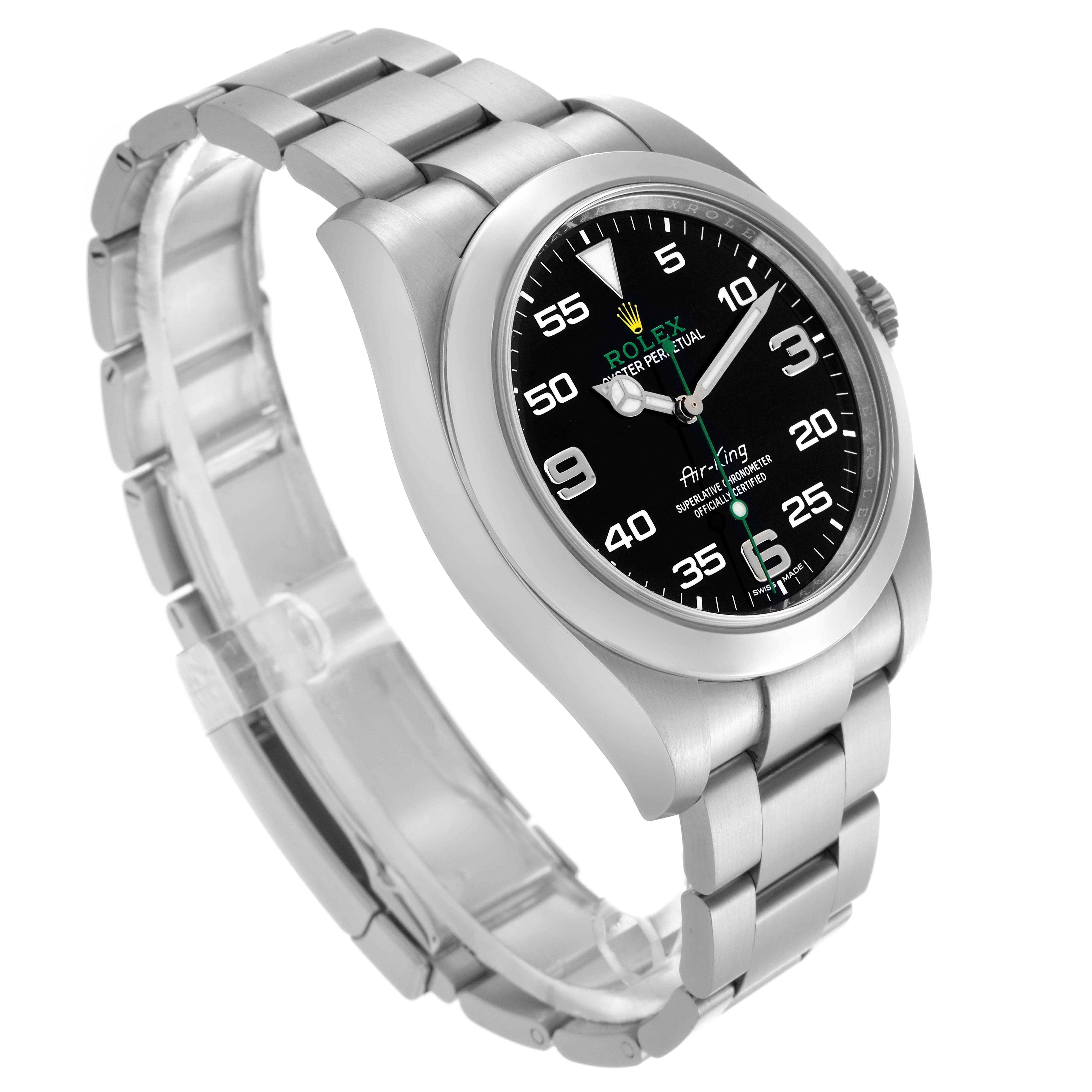 The Rolex Air-King 116900 Men's Stainless Steel Black Dial 116900 Men's Stainless Steel Black Dial watch is shown at a three-quarters angle, highlighting the face, bezel, and bracelet.