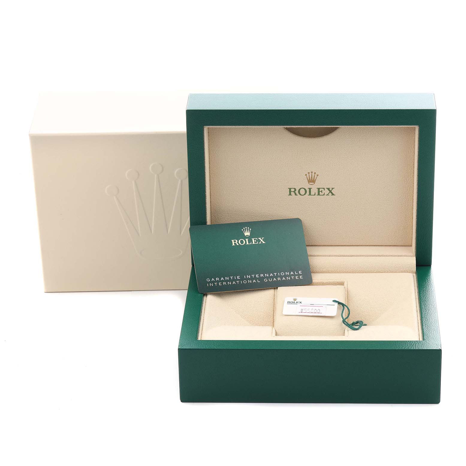 The image shows the packaging and accessories for a Rolex Air-King 116900 Men's Stainless Steel Black Dial 116900 Men's Stainless Steel Black Dial, including the box, guarantee card, and tag.