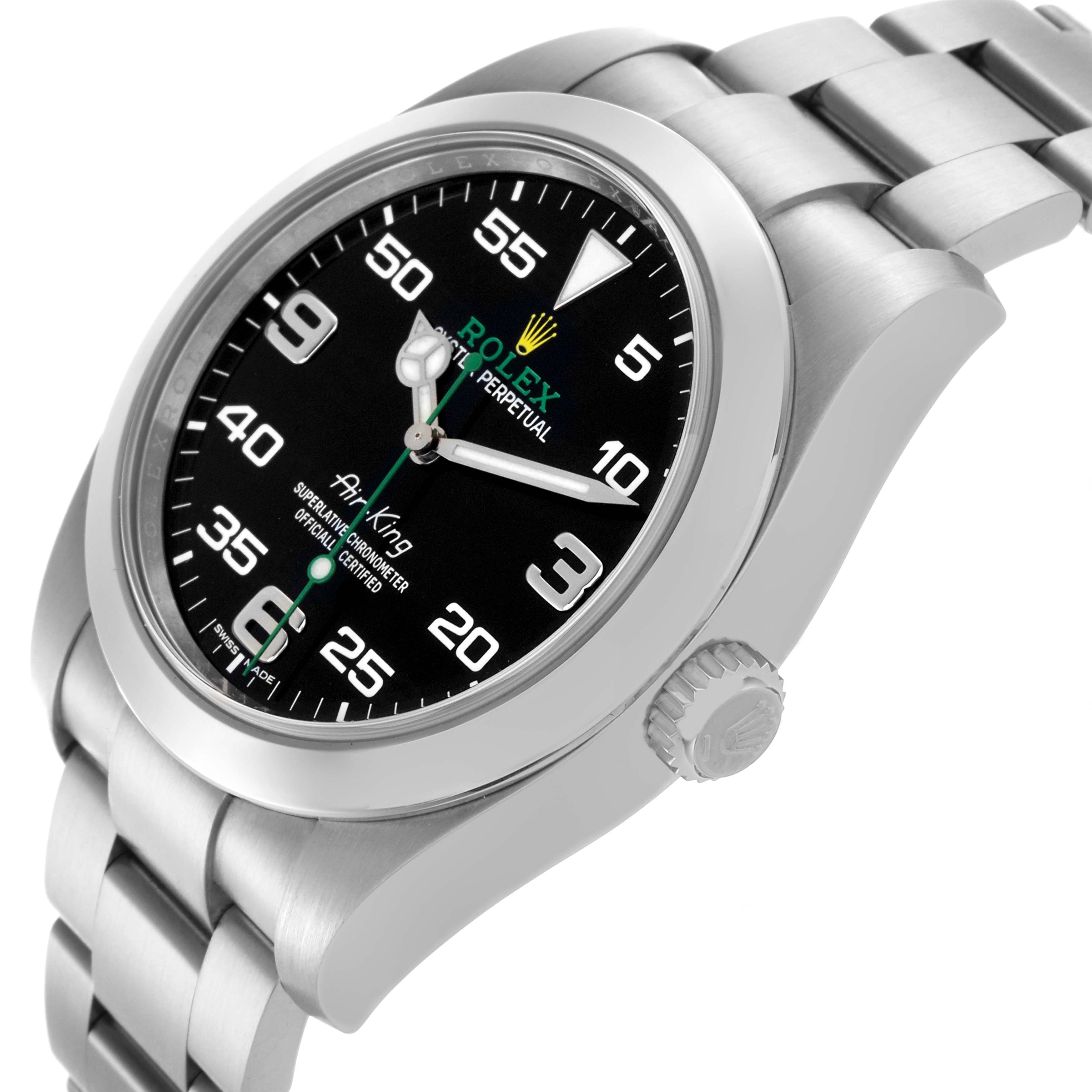 The Rolex Air-King 116900 Men's Stainless Steel Black Dial 116900 Men's Stainless Steel Black Dial watch is shown at a three-quarter angle, displaying the face, bezel, crown, and bracelet links.