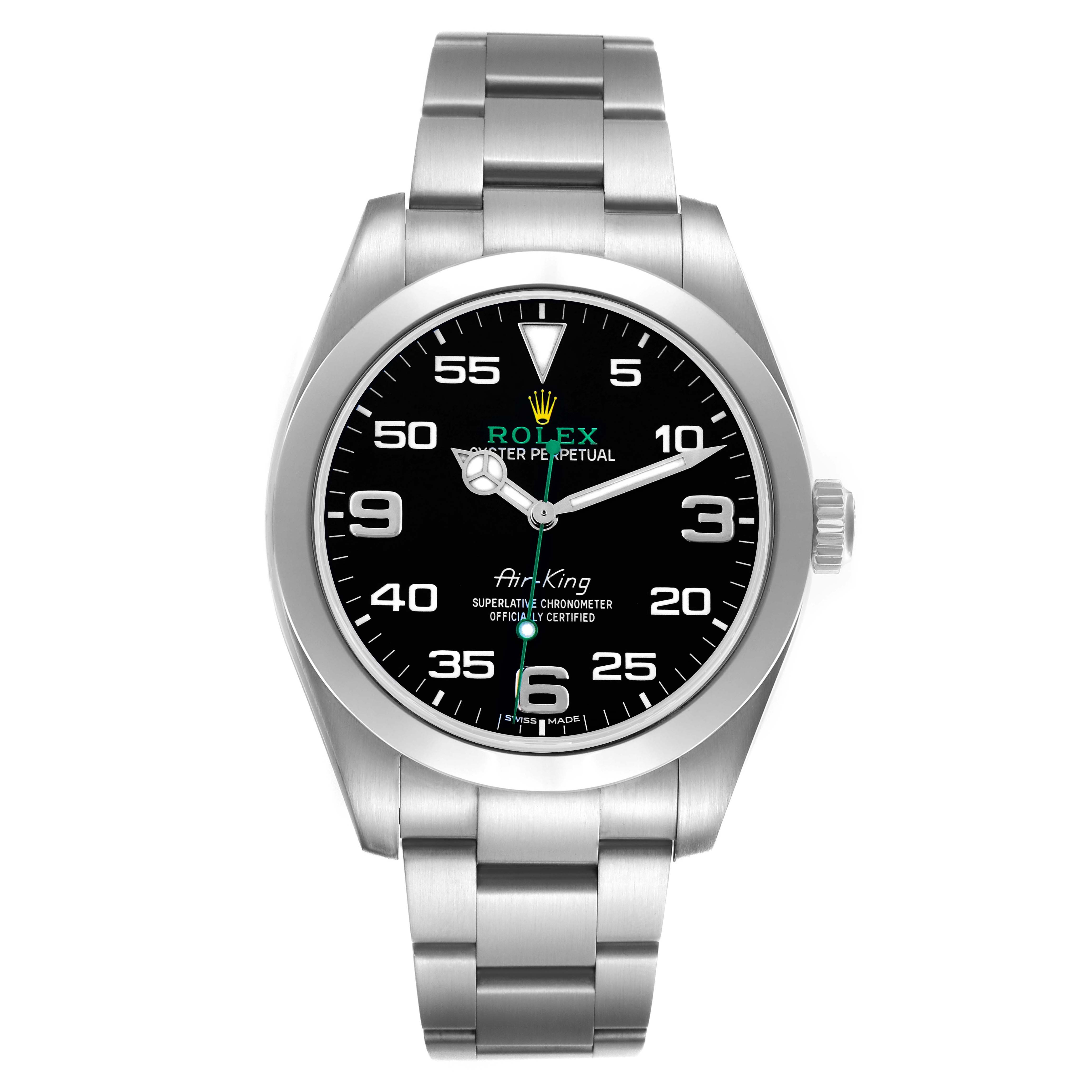 The image shows a front view of the Rolex Air-King 116900 Men's Stainless Steel Black Dial 116900 Men's Stainless Steel Black Dial watch, displaying the dial, bezel, and bracelet.