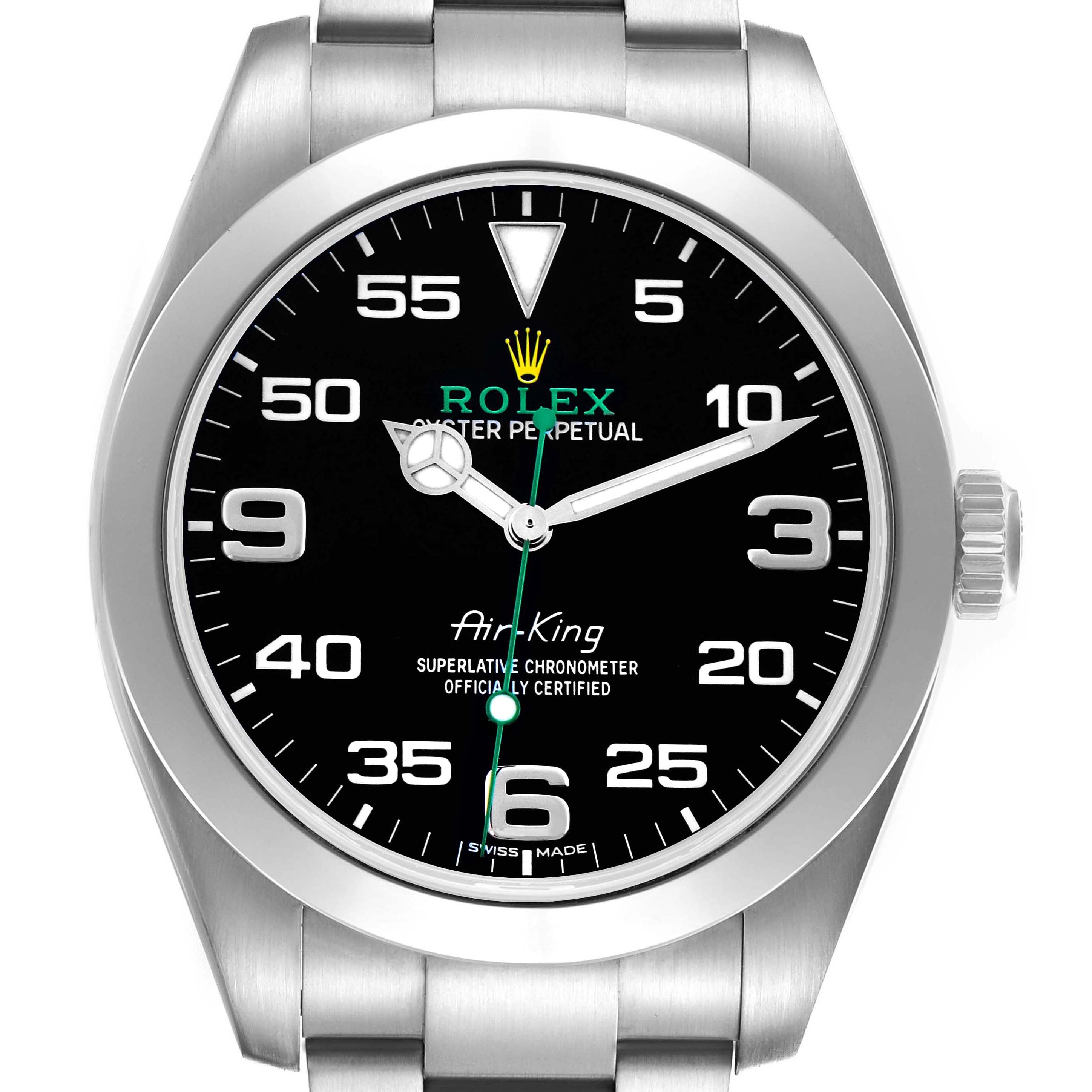 The Rolex Air-King 116900 Men's Stainless Steel Black Dial 116900 Men's Stainless Steel Black Dial watch is shown from a front angle, displaying the dial, case, and part of the bracelet.