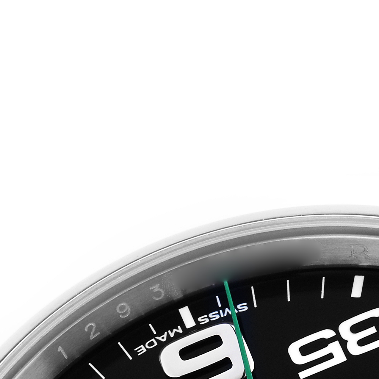 The image shows a close-up of the Rolex Air-King 116900 Men's Stainless Steel Black Dial 116900 Men's Stainless Steel Black Dial watch face, focusing on the bezel, numerals, and minute markers.