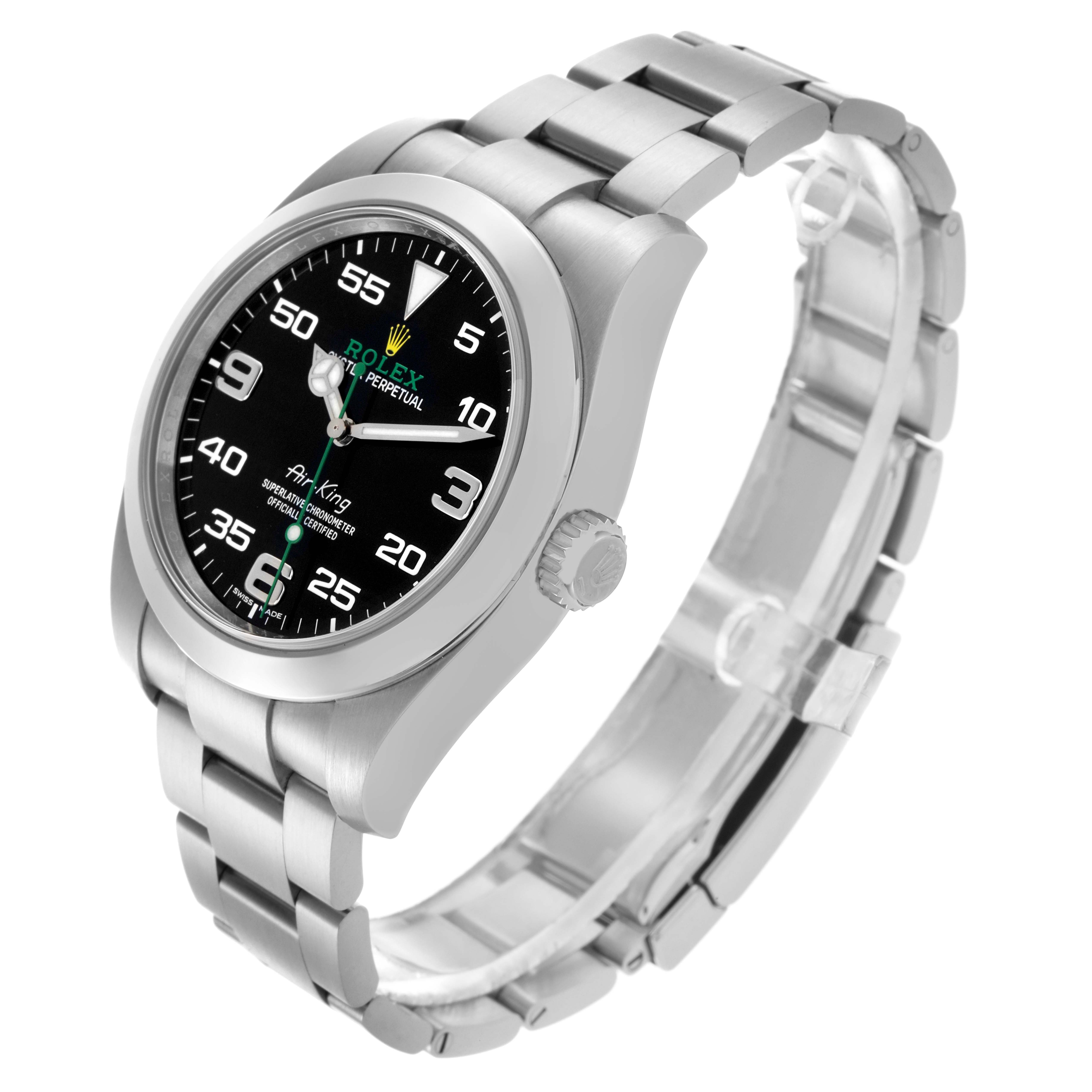 The Rolex Air-King 116900 Men's Stainless Steel Black Dial 116900 Men's Stainless Steel Black Dial watch is shown at a slight angle, highlighting the dial, crown, and part of the bracelet.