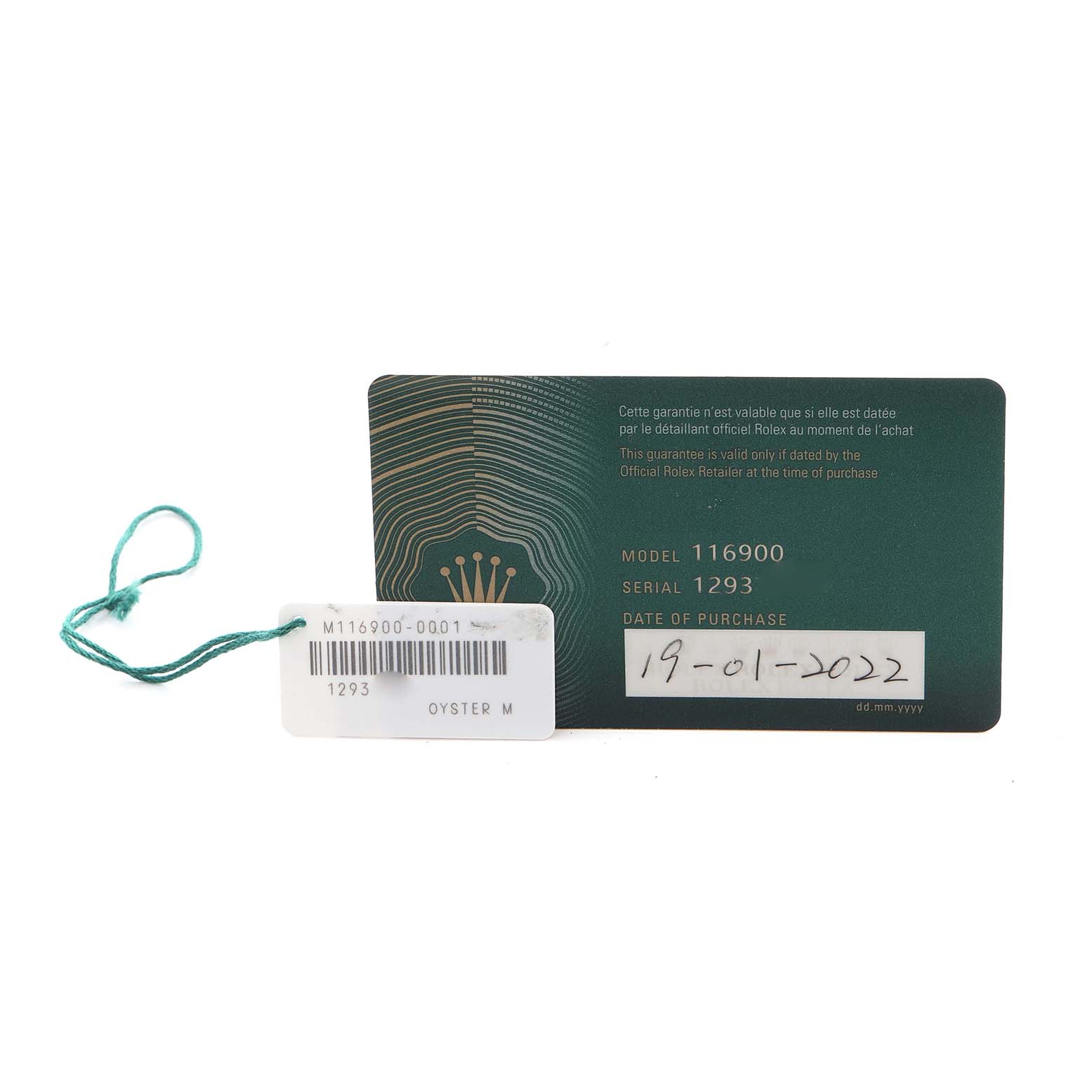 The image shows a Rolex Air-King 116900 Men's Stainless Steel Black Dial 116900 Men's Stainless Steel Black Dial warranty card and a tag, both laid flat, displaying model details and date of purchase.