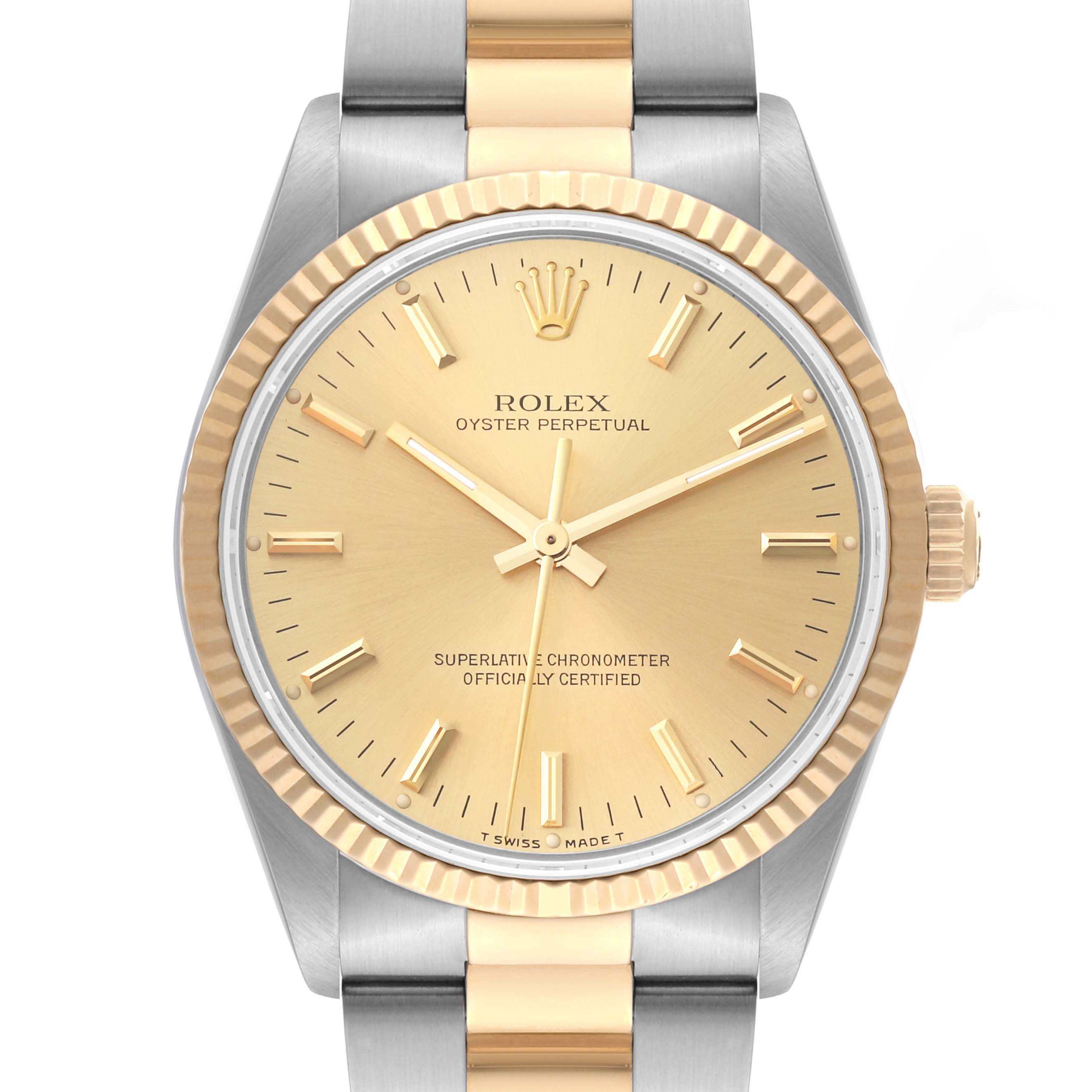 This image shows a Rolex Oyster Perpetual 14233 Men's Steel and Gold (two tone) Champagne Dial 14233 Men's Steel and Gold (two tone) Champagne Dial watch from a front angle, highlighting its dial, bezel, and part of the bracelet.