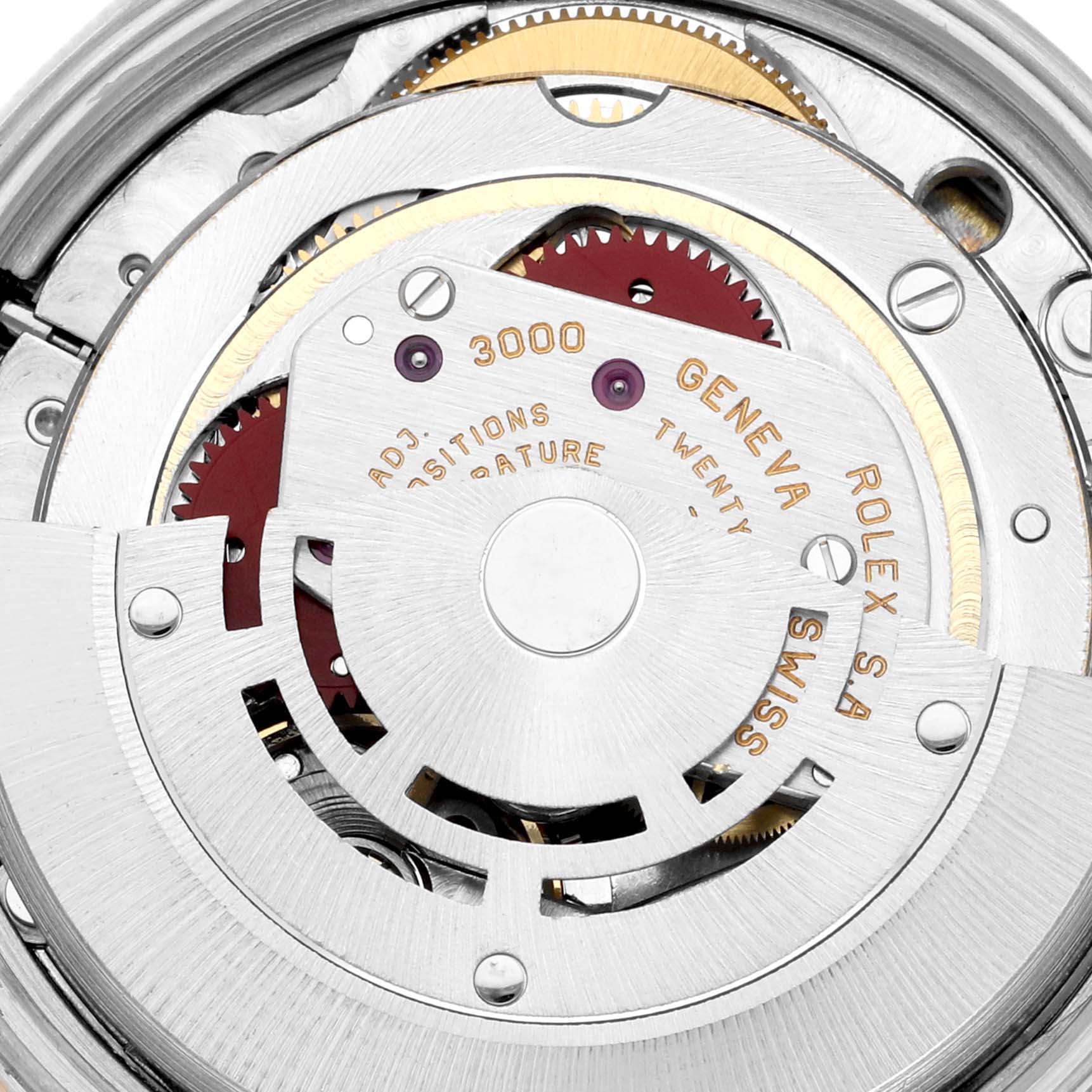 This image shows a close-up, top-down view of the movement mechanism in a Rolex Oyster Perpetual 14233 Men's Steel and Gold (two tone) Champagne Dial 14233 Men's Steel and Gold (two tone) Champagne Dial watch.