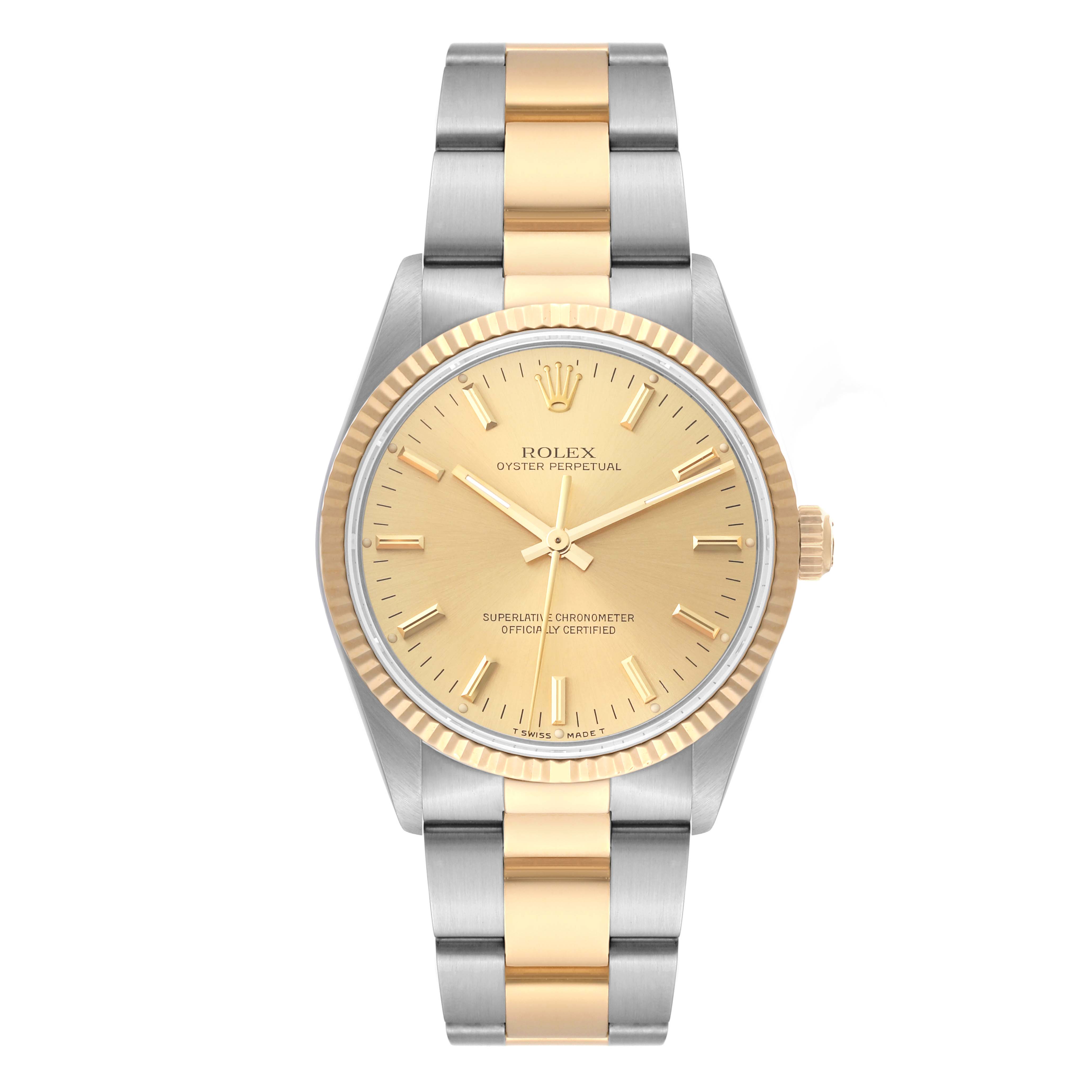 This image shows a front view of a Rolex Oyster Perpetual 14233 Men's Steel and Gold (two tone) Champagne Dial 14233 Men's Steel and Gold (two tone) Champagne Dial watch with a gold and silver two-tone bracelet.