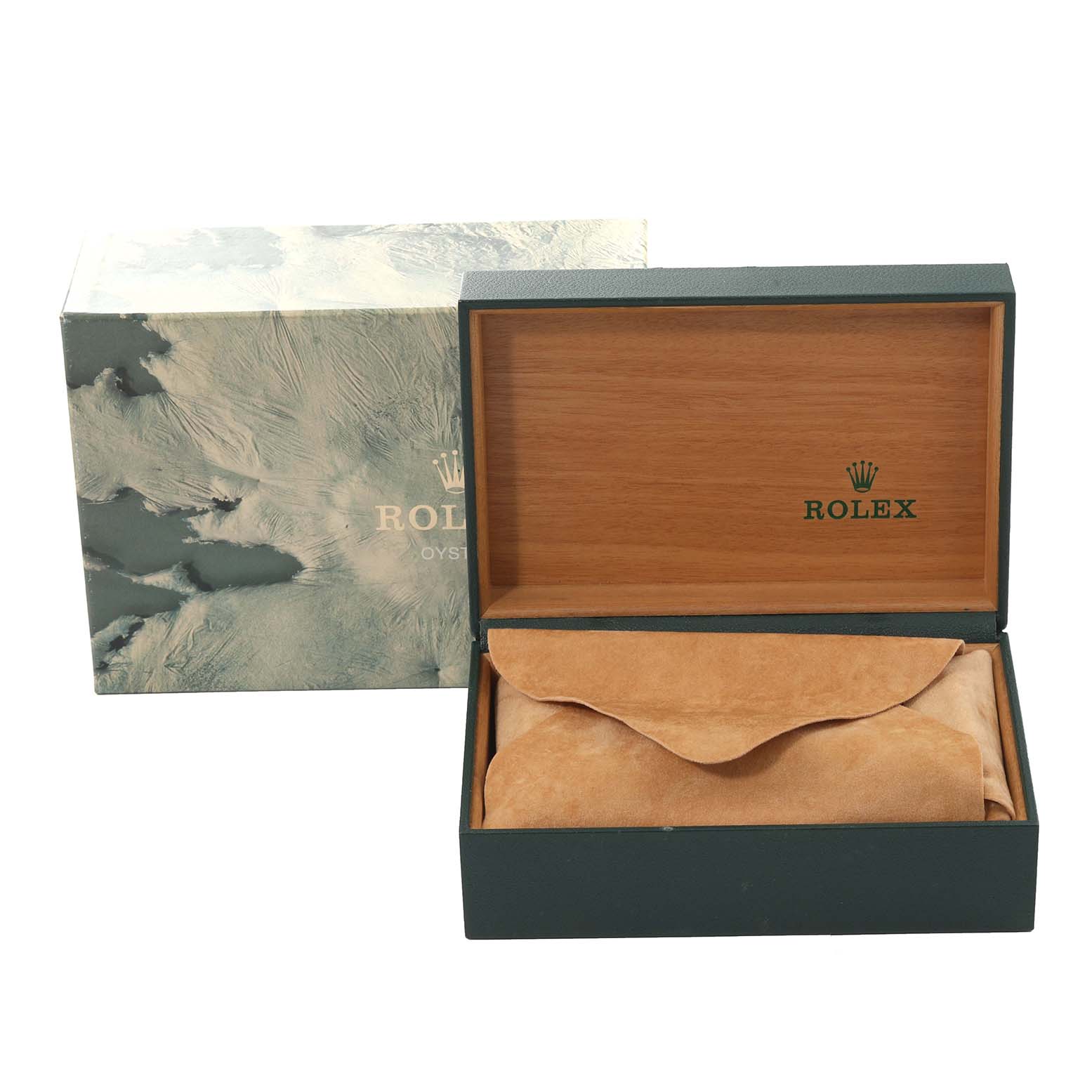 The image shows the Rolex Oyster Perpetual 14233 Men's Steel and Gold (two tone) Champagne Dial 14233 Men's Steel and Gold (two tone) Champagne Dial watch box and internal suede pouch, with the box open to display its interior.