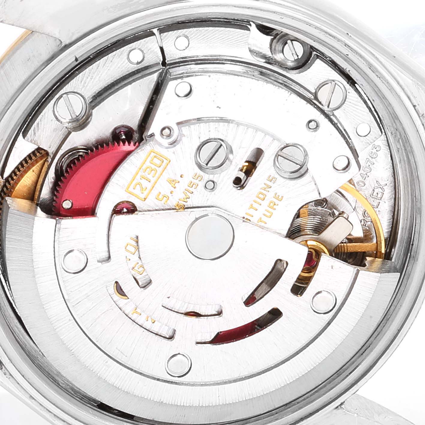 This image shows the internal mechanism of a Rolex 67193 Women
s Steel and Gold (two tone) Champagne Dial 67193 Women
s Steel and Gold (two tone) Champagne Dial Oyster Perpetual Steel Yellow Gold Ladies Watch 67193 Box model from the back angle.