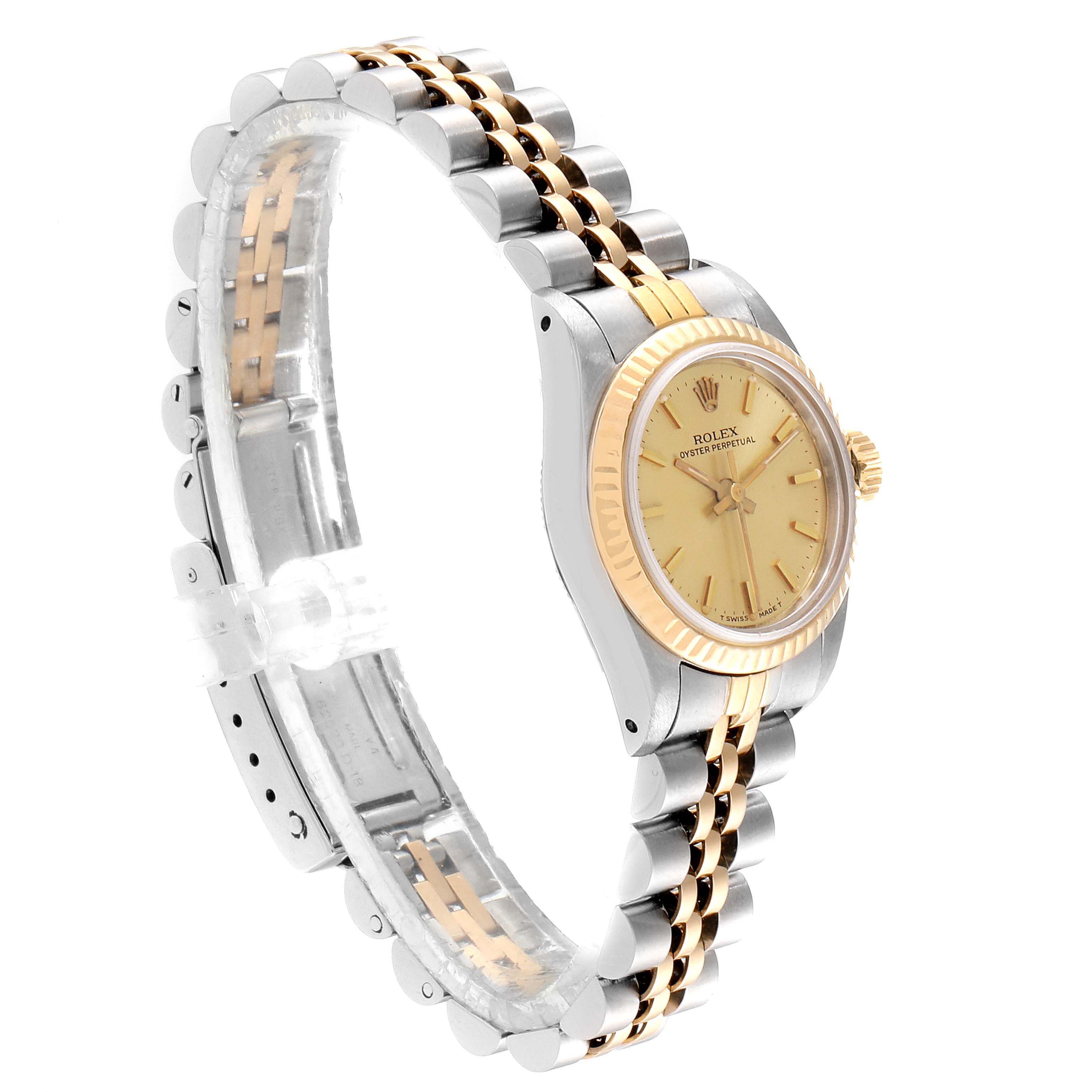 The image shows a Rolex 67193 Women
s Steel and Gold (two tone) Champagne Dial 67193 Women
s Steel and Gold (two tone) Champagne Dial Oyster Perpetual Steel Yellow Gold Ladies Watch 67193 from a side angle, highlighting the case, dial, and bracelet.