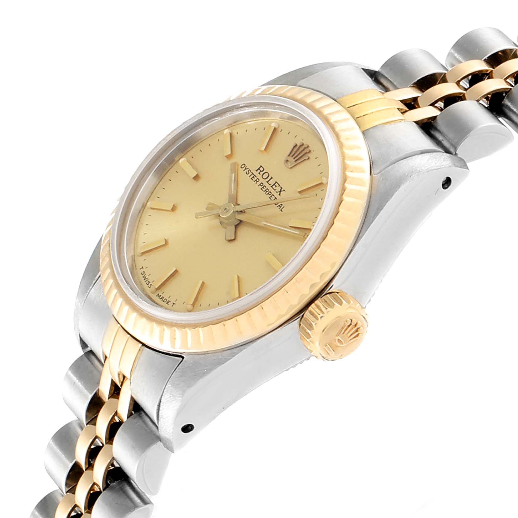 The image shows a Rolex 67193 Women
s Steel and Gold (two tone) Champagne Dial 67193 Women
s Steel and Gold (two tone) Champagne Dial Oyster Perpetual Steel Yellow Gold Ladies Watch 67193 Box model from a side angle, highlighting the dial, bezel, and part of the bracelet.